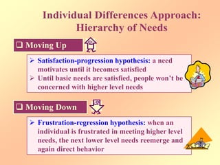  Satisfaction-progression hypothesis: a need
motivates until it becomes satisfied
 Until basic needs are satisfied, people won’t be
concerned with higher level needs
 Frustration-regression hypothesis: when an
individual is frustrated in meeting higher level
needs, the next lower level needs reemerge and
again direct behavior
 Moving Up
 Moving Down
 