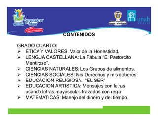 CONTENIDOS

GRADO CUARTO:
 ETICA Y VALORES: Valor de la Honestidad.
 LENGUA CASTELLANA: La Fábula “El Pastorcito
  Mentiroso”.
 CIENCIAS NATURALES: Los Grupos de alimentos.
 CIENCIAS SOCIALES: Mis Derechos y mis deberes.
 EDUCACION RELIGIOSA: “EL SER”
 EDUCACION ARTISTICA: Mensajes con letras
  usando letras mayúsculas trazadas con regla.
 MATEMATICAS: Manejo del dinero y del tiempo.
 