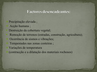 Precipitação elevada ; Acção humana ;  Destruição da cobertura vegetal;  Remoção de terrenos (estradas, construção, agricultura); Ocorrência de sismos e vibrações; Tempestades nas zonas costeiras ; Variações de temperatura  (contracção e a dilatação dos materiais rochosos)  