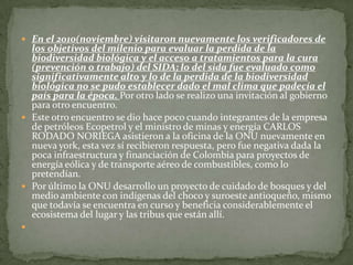 En el 2010(noviembre) visitaron nuevamente los verificadores de los objetivos del milenio para evaluar la perdida de la biodiversidad biológica y el acceso a tratamientos para la cura (prevención o trabajo) del SIDA; lo del sida fue evaluado como significativamente alto y lo de la perdida de la biodiversidad biológica no se pudo establecer dado el mal clima que padecía el país para la época. Por otro lado se realizo una invitación al gobierno para otro encuentro.Este otro encuentro se dio hace poco cuando integrantes de la empresa de petróleos Ecopetrol y el ministro de minas y energía CARLOS RODADO NORIEGA asistieron a la oficina de la ONU nuevamente en nueva york, esta vez sí recibieron respuesta, pero fue negativa dada la poca infraestructura y financiación de Colombia para proyectos de energía eólica y de transporte aéreo de combustibles, como lo pretendían.Por último la ONU desarrollo un proyecto de cuidado de bosques y del medio ambiente con indígenas del choco y suroeste antioqueño, mismo que todavía se encuentra en curso y beneficia considerablemente el ecosistema del lugar y las tribus que están allí. 