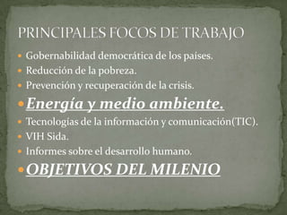 Gobernabilidad democrática de los países.Reducción de la pobreza.Prevención y recuperación de la crisis.Energía y medio ambiente.Tecnologías de la información y comunicación(TIC).VIH Sida.Informes sobre el desarrollo humano.OBJETIVOS DEL MILENIOPRINCIPALES FOCOS DE TRABAJO