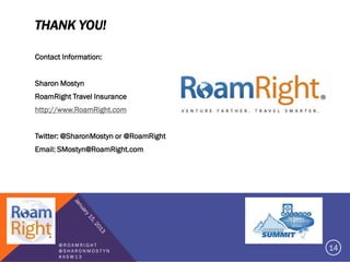 THANK YOU!

Contact Information:


Sharon Mostyn
RoamRight Travel Insurance
http://www.RoamRight.com


Twitter: @SharonMostyn or @RoamRight
Email: SMostyn@RoamRight.com




       @ROAMRIGHT
       @SHARONMOSTYN                   14
       #ASW13
 