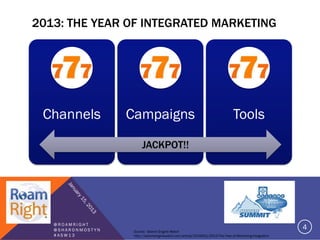 2013: THE YEAR OF INTEGRATED MARKETING




 Channels          Campaigns                                                    Tools

                        JACKPOT!!




   @ROAMRIGHT
   @SHARONMOSTYN    Source: Search Engine Watch
                                                                                                          4
   #ASW13           http://searchenginewatch.com/article/2232621/2013-The-Year-of-Marketing-Integration
 
