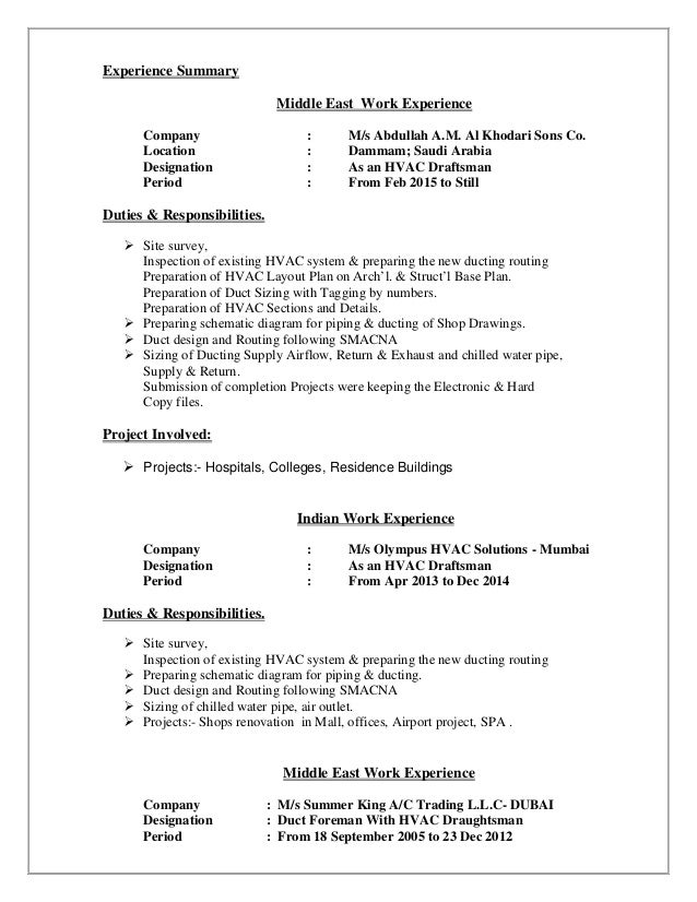 Sample resume for hvac foreman