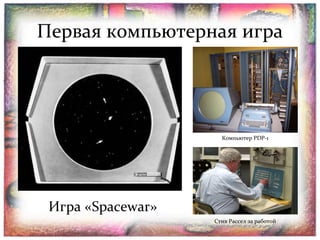 Первая компьютерная игра

Компьютер PDP-1

Игра «Spacewar»
Стив Рассел за работой

 