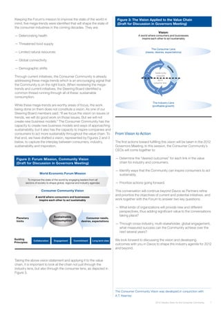 The Consumer Community Vision was developed in conjunction with
A.T. Kearney
72012 Industry Vision for the Consumer Community
Keeping the Forum’s mission to improve the state of the world in
mind, five mega-trends were identified that will shape the state of
the consumer industries in the coming decades. They are:
—— Deteriorating health
—— Threatened food supply
—— Limited natural resources
—— Global connectivity
—— Demographic shifts
Through current initiatives, the Consumer Community is already
addressing these mega-trends which is an encouraging signal that
the Community is on the right track. When revieiwing the mega-
trends and current initiatives, the Steering Board identified a
common thread running through all of these: sustainable
consumption.
While these mega-trends are worthy areas of focus, the work
being done on them does not constitute a vision. As one of our
Steering Board members said, “If we focus the vision on issues or
trends, we will do good work on those issues. But we will not
create new business models.” The Consumer Community has the
capacity to create new business models and ways of approaching
sustainability, but it also has the capacity to inspire companies and
consumers to act more sustainably throughout the value chain. To
that end, we have drafted a vision, represented by Figures 2 and 3
below, to capture the interplay between consumers, industry,
sustainability and inspiration.
Con
sumer
	
Ra
w
materials	
Manu
facturing	
Mark
etingandretail
The Industry Lens
(profitable growth)
The Consumer Lens
(needs, desires, expectations)
Figure 3: The Vision Applied to the Value Chain
(Draft for Discussion in Governors Meeting)
Vision:
A world where consumers and businesses
inspire each other to act sustainably
Figure 2: Forum Mission, Community Vision
(Draft for Discussion in Governors Meeting)
World Economic Forum Mission
To improve the state of the world by engaging leaders from all
sectors of society to shape global, regional and industry agendas
Consumer Community Vision
A world where consumers and businesses
inspire each other to act sustainably
Guiding
Principles:
Collaboration Engagement Commitment Long term view
Sustainable
consumption
Consumer needs,
desires, expectations
Planetary
limits
From Vision to Action
The first actions toward fulfilling this vision will be taken in the 2012
Governors Meeting. In this session, the Consumer Community’s
CEOs will come together to:
—— Determine the “desired outcomes” for each link in the value
chain for industry and consumers.
—— Identify ways that the Community can inspire consumers to act
sustainably.
—— Prioritize actions going forward.
This conversation will continue beyond Davos as Partners refine
and prioritize the objectives of current and potential initiatives, and
work together with the Forum to answer two key questions:
—— What kinds of organizations will provide new and different
perspectives, thus adding significant value to the conversations
taking place?
—— Through cross-industry, multi-stakeholder, global engagement,
what measured success can the Community achieve over the
next several years?
We look forward to discussing the vision and developing
outcomes with you in Davos to shape the industry agenda for 2012
and beyond.
Taking the above vision statement and applying it to the value
chain, it is important to look at the chain not just through the
industry lens, but also through the consumer lens, as depicted in
Figure 3.
Visible to the
consumer
Out of
consumer view
 