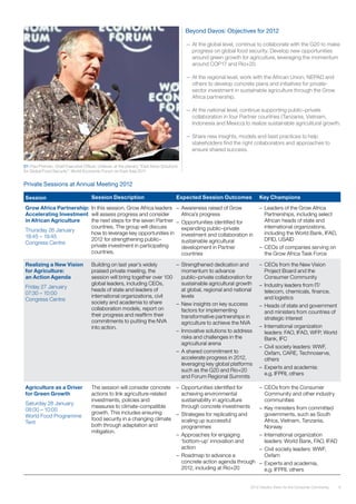 01: Paul Polman, Chief Executive Officer, Unilever, at the plenary “East Asian Solutions
for Global Food Security”, World Economic Forum on East Asia 2011
92012 Industry Vision for the Consumer Community
Beyond Davos: Objectives for 2012
—— At the global level, continue to collaborate with the G20 to make
progress on global food security. Develop new opportunities
around green growth for agriculture, leveraging the momentum
around COP17 and Rio+20.
—— At the regional level, work with the African Union, NEPAD and
others to develop concrete plans and initiatives for private-
sector investment in sustainable agriculture through the Grow
Africa partnership.
—— At the national level, continue supporting public–private
collaboration in four Partner countries (Tanzania, Vietnam,
Indonesia and Mexico) to realize sustainable agricultural growth.
—— Share new insights, models and best practices to help
stakeholders find the right collaborators and approaches to
ensure shared success.
Private Sessions at Annual Meeting 2012
Session Session Description Expected Session Outcomes Key Champions
Grow Africa Partnership:
Accelerating Investment
in African Agriculture
Thursday 26 January
18:45 – 19:45
Congress Centre
In this session, Grow Africa leaders
will assess progress and consider
the next steps for the seven Partner
countries. The group will discuss
how to leverage key opportunities in
2012 for strengthening public–
private investment in participating
countries.
–	 Awareness raised of Grow
Africa’s progress
–	 Opportunities identified for
expanding public–private
investment and collaboration in
sustainable agricultural
development in Partner
countries
–	 Leaders of the Grow Africa
Partnerships, including select
African heads of state and
international organizations,
including the World Bank, IFAD,
DFID, USAID
–	 CEOs of companies serving on
the Grow Africa Task Force
Realizing a New Vision
for Agriculture:
an Action Agenda
Friday 27 January
07:30 – 10:00
Congress Centre
Building on last year’s widely
praised private meeting, the
session will bring together over 100
global leaders, including CEOs,
heads of state and leaders of
international organizations, civil
society and academia to share
collaboration models, report on
their progress and reaffirm their
commitments to putting the NVA
into action.
–	 Strengthened dedication and
momentum to advance
public–private collaboration for
sustainable agricultural growth
at global, regional and national
levels
–	 New insights on key success
factors for implementing
transformative partnerships in
agriculture to achieve the NVA
–	 Innovative solutions to address
risks and challenges in the
agricultural arena
–	 A shared commitment to
accelerate progress in 2012,
leveraging key global platforms
such as the G20 and Rio+20
and Forum Regional Summits
–	 CEOs from the New Vision
Project Board and the
Consumer Community
–	 Industry leaders from IT/
telecom, chemicals, finance,
and logistics
–	 Heads of state and government
and ministers from countries of
strategic interest
–	 International organization
leaders: FAO, IFAD, WFP, World
Bank, IFC
–	 Civil society leaders: WWF,
Oxfam, CARE, Technoserve,
others
–	 Experts and academia:
e.g. IFPRI, others
Agriculture as a Driver
for Green Growth
Saturday 28 January
08:00 – 10:00
World Food Programme
Tent
The session will consider concrete
actions to link agriculture-related
investments, policies and
measures to climate-compatible
growth. This includes ensuring
food security in a changing climate
both through adaptation and
mitigation.
–	 Opportunities identified for
achieving environmental
sustainability in agriculture
through concrete investments
–	 Strategies for replicating and
scaling up successful
programmes
–	 Approaches for engaging
‘bottom-up’ innovation and
action
–	 Roadmap to advance a
concrete action agenda through
2012, including at Rio+20
–	 CEOs from the Consumer
Community and other industry
communities
–	 Key ministers from committed
governments, such as South
Africa, Vietnam, Tanzania,
Norway
–	 International organization
leaders: World Bank, FAO, IFAD
–	 Civil society leaders: WWF,
Oxfam
–	 Experts and academia,
e.g. IFPRI, others
 