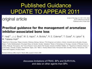 Published Guidance UPDATE TO APPEAR 2011  discusses limitations of FRAX, BPs and SURVIVAL  and data on other agents than BPs 
