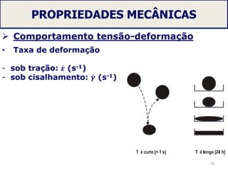 PROPRIEDADES MECÂNICAS
 Comportamento tensão-deformação
• Taxa de deformação
- sob tração: 𝜺 (s-1)
- sob cisalhamento: 𝜸 (s-1)
16
 