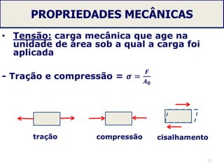 PROPRIEDADES MECÂNICAS
• Tensão: carga mecânica que age na
unidade de área sob a qual a carga foi
aplicada
- Tração e compressão = 𝝈 =
𝑭
𝑨 𝟎
2
tração compressão cisalhamento
 