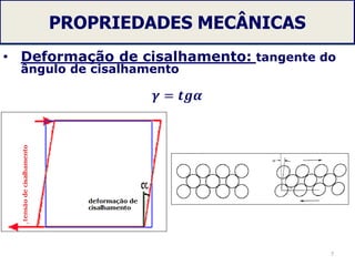 PROPRIEDADES MECÂNICAS
• Deformação de cisalhamento: tangente do
ângulo de cisalhamento
𝜸 = 𝒕𝒈𝜶
7
 