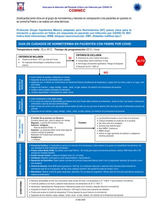 Guía para la Atención del Paciente Crítico con Infección por COViD-19
COMMEC
31-Mar-2020
(bradicardia) entre otros en el grupo de normotermia y menores en comparación a los pacientes en quienes no
se control la Fiebre o se realiza con otras técnicas.
Protocolo Grupo hipotermia México adaptado para Normotermia (NT) pasos clave para la
iniciación y ejecución en fiebre sin respuesta en paciente con Infección por COVID-19. BIV:
Indica bolo intravenoso; BNM, bloqueo neuromuscular; DM1, Diabetes mellitus tipo I
Temperatura meta: 35 a 35°C Tiempo de programación 25°C / hora
GUIA DE CUIDADOS DE NORMOTERMIA EN PACIENTES CON FIEBRE POR COVID
CRITERIOS DE INCLUSION
• Presencia de fiebre > 40°C por más de 5 horas
• Sin respuesta farmacológica a antipiréticos a dosis
máxima.
ALTO
SI
CRITERIOS DE EXCLUSION
• Antecedente de Lesión Cerebral Hemorrágica
• Cirugía Mayor dentro anteriores 14 días
• Hemorragia clínicamente significativa / Riesgo de Sangrado
• Elevación de CK > 3000 UI
NO
• Iniciar enfriamiento lo más rápido posible,
• Si no cuenta con sistema de almohadillas gel (Sistema Artic Sun) Puede utilizar métodos de enfriamiento - bolsas de hielo / las mantas o sistemas de
enfriamiento a base de aire esta contraindicadas
• Debe iniciarse tan pronto como sea posible eliminar bolsas de hielo una vez que inicie el sistema (Artic Sun) para evitar el enfriamiento excesivo del
paciente
• Asegúrese de dos métodos ( vejiga, esófago , núcleo , rectal , la ingle, axilares ) de medición de la temperatura del paciente
INICIO
DE
ENFRIAMIENTO
• Frecuencia Cardíaca: La bradicardia se asocia con reducción de la temperatura y debe tratarse si se asocia con inestabilidad hemodinámica. No
hay necesidad de tratar bradicardia normotensos
• Presión Arteria Media (PAM): Se prefiere como meta PAM de > 90 mmHg para mejorar teóricamente perfusión cerebral, PAM inferior (65 a 100
mmHg) han mostrado beneficio
• Presión Venosa Central: La Meta es mantener entre 10 y 12 mmHg
• Ventilación: Mantener normocapnia y evitar hiperventilación o hipoventilación:
• Reposición de Electrolitos: Deben realizar controles de Químicas Sanguíneas Básicas cada 4 hora y programarse reposición de acuerdo a como
sea necesario.
• Control de Glucosa: Iniciar BHIP para la glucosa es > 200 mg / dl y monitorear cada hora o cada dos horas. Durante la fase inducción se
recomienda cada 30 min si la glucosa < 80 mg / dl en cualquier momento ( No exceda 50 unidad de insulina / hora )
• Misceláneos: Realizar control de gases sanguineso, electroitos, CK y pruebas de coagulación. Revise cada dos hora ante quemaduras causado por
sistema de enfriamiento
TEMBLOR
/
SEDACION
/
ANALGESIA
MONITOREO
/
TERAPIA
DE
SOPORTE
El temblor No se previene con fármacos
Envuelva manos/ pies, cubra la cabeza con mantas
Magnesio: 4 gramos BIV durante 4 horas
Sedación / Analgesia:
Nivel de Sedación RASS - -5
Sedantes: Los pacientes deben recibir dosis bajas de
infusión continua de sedantes
Midazolam (Si Propofol está contraindicado)
Analgésicos:
1) Fentanilo
• Los Escalofríos tienden a ocurrir más en la Inducción
• Coloque brazaletes de protección en el paciente
• Dar bolos extra de la analgesia
• Aumenta tasa sedante basal
• Bolo NMBA. Cisatracurio
• NMBA infusión
• Valorar no dejar regímenes de sedación y analgésicos
mientras paralizado
Temblor
NORMOTERMIA
• Mantener almohadillas de Artic Sun funcionando hasta cumplir 48 horas, a la temperatura a 37 °C/98.6 °F para mantener normotermia
• Continuar parálisis (si se inició) y sedación hasta alcanzar una temperatura de 36 °C / 96.8 °C
• Hipotensión, Hiperpotasemia, Hipoglucemia e Hipertermia puede ocurrir durante y después alcanzar la normotermia
• Suspenda la infusión de insulina cuando la Glucosa < 200 mg/dl a menos que el paciente sea diabético.
• Prueba para evaluar al control de temperatura 72 horas después de que el retorno a la normotermia
• Asegúrese de dos métodos (vejiga, esófago, núcleo, rectal , la ingle, axilares ) de medición de la temperatura del paciente
• Iniciar infusión de opioides y Midazolam en infusión.
• Asegúrese de que las extremidades estén cubiertas
• Asegúrese que el método de mantenimiento de hipotermia (Pads de transferencia de temperatura y equipo Artic Sun listo) y este en su lugar y listo
para usarse
• Asegure dos métodos ( vejiga, esófago , núcleo , rectal , la ingle, axilares ) de medición de la temperatura del paciente
• Verifique valores balases apropiados de laboratorio
• Verifique disponibilidad funcionalidad de catéter venoso.
ANTES
DE
LA
INDUCCION
 