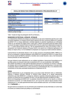 Guía para la Atención del Paciente Crítico con Infección por COViD-19
COMMEC
31-Mar-2020
INHIBIDORES DE PROTEASA: LOPINAVIR - RITONAVIR
Los medicamentos inhibidores de proteasa que actualmente se usan para el tratamiento del VIH se han vuelto
una opción terapéutica y en ensayos clínicos antes la aparición del nuevo coronavirus SARS-CoV-2 causante
de COVID-19. En un ensayo aleatorizado, controlado realizado en pacientes hospitalizados por enfermedad
COVID-19, con saturación de oxígeno menor o igual a 94% y relación de la presión parcial de oxígeno (Pao2)
a la fracción de oxígeno inspirado (Fio2) de menos de 300 mm Hg, los cuales fueron aleatorizados en proporción
de 1: 1 a recibir lopinavir-ritonavir 400 mg y 100 mg respectivamente dos veces al día durante 14 días, en
comparación con la atención estándar en el grupo control, no se asoció con un diferencia significativa en el
tiempo a la mejoría clínica, ni en la mortalidad en comparación con el grupo que recibió la atención estándar.12
Lopinavir/ritonavir ha demostrado eficacia in vitro con beta coronavirus principalmente SARS y MERS por lo
que se ha considerado un potencial terapéutico contra SARS-CoV-2 causante de COVID-19 y a pesar de que
en el artículo reciente del NEJM no demostró un beneficio claro se están llevando a cabo a nivel internacional
diversos protocolos con este medicamento.
Una gran limitante de este medicamento son sus multiples toxicidades e interacciones farmacológicas por lo
que debe usarse con precaución sobre todo en pacientes de UCI, con uso de esteroides o falla hepática.
Otro inhibidor de proteasa con mejor perfil de seguridad es darunavir en combinación con ritonavir o cobicistat,
sin embargo, este no se ha recomendado ya que se ha observado que las concentraciones in vitro para inhibir
la replicación celular de SARS-CvOv-2 y otros coronavirus es extremadamente alta y no se alcanzaría dicha
concentración con las dosis autorizadas actualmente en el tratamiento de VIH.
OTROS
Algunos medicamentos no son considerados para su uso porque existe información sobre su inefectividad,
ribavirina e interferon (rIFN-α2a, rIFN-α2b, or rIFN-β1a) fueron utilizado en un estudio observacional
multicéntrico para tratar MERS-CoV. La terapia fue utilizada en pacientes críticamente enfermos, pero no se
asociaron con disminución de la mortalidad a 90 días o una más rápida eliminación de MERS-CoV RNA.15
Dentro de la fisiopatología del SARS CoV2 en pacientes críticamente enfermos se han descrito un síndrome
de liberación de citocinas con niveles elevados de IL6 , por lo que se han usado en algunos estudios clínicos
inhibidores de IL 6 , los cuales aparentemente tienen buenos resultados sobre todo con el inhibidor del receptor
de IL-6 tocilizumab.13, 14
De igual manera se ha descrito el uso de ivermectina para el tratamiento de esta enfermedad, sin contar hasta
el momento con evidencia fuerte que justifique su recomendación.
FACTOR DE RIESGO PUNTAJE
Edad ≥ 68años 1
Sexo Femenino 1
Diurético de asa 1
Potasio sérico ≤ 3.5mEq/L 2
QT ≥ 450 ms al ingreso 2
Infarto agudo al miocardio 2
≥ 2 fármacos que prolongan el QT 3
Sépsis 3
Falla cardiaca 3
1 fármaco que prolonga el QT 3
Máximo puntaje de riesgo 21
RIESGO PUNTAJE
BAJO ≤ 6 puntos
MODERADO 7 – 10 puntos
ALTO ≥ 11 puntos
ESCALA DE RIESGO PARA FÁRMACOS ASOCIADOS A PROLONGACIÓN DEL QT
Tabla 1. Escala de riesgo de prolongación del QT por fármacos.11
 