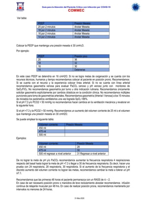 Guía para la Atención del Paciente Crítico con Infección por COViD-19
COMMEC
31-Mar-2020
Ver tabla:
PEEP Presión Meseta
20 por 2 minutos Anotar Meseta
18 por 2 minutos Anotar Meseta
16 por 2 minutos Anotar Meseta
14 por 2 minutos Anotar Meseta
Colocar la PEEP que mantenga una presión meseta ≤ 30 cmH2O.
Por ejemplo:
PEEP Presión pico
20 36
18 32
16 30
14 Detenerse
En este caso PEEP se detendría en 16 cmH2O. Si no se logra metas de oxigenación y se cuenta con los
recursos técnicos, humanos y tiempo recomendamos colocar al paciente en posición prono. Recomendamos:
Si se cuenta con el recurso y la experiencia colocar línea arterial. Si no se cuenta con línea arterial
recomendamos gasometría venosa para evaluar PaCO2 venoso y pH venoso junto con monitoreo de
SaO2/FiO2. No recomendamos gasometría por turno u otra indicación rutinaria. Recomendamos únicamente
solicitar gasometría explícitamente por cambios drásticos en la condición clínica. No recomendamos múltiples
punciones para toma de gasometrías arteriales. Recomendamos gasometría (Arterial / Venosa) a los 15 minutos
de iniciados los parámetros ventilatorios una vez lograda SpO2 >88%.
Si el pH 7,3 y/o PCO2 < 50 mmHg no recomendamos hacer cambios en la ventilación mecánica y revalorar en
la siguiente hora.
Si el pH <7.3 y la PCO2 > 50 mmHg. Recomendamos un aumento del volumen corriente de 25 ml o el volumen
que mantenga una presión meseta en 30 cmH2O.
Se puede emplear la siguiente tabla:
Volumen corriente Presión Meseta
450 ml
475 ml
500 ml
Ejemplos:
Volumen corriente: Presión Meseta
450 ml 28
475 ml 30
500 ml regresar a nivel anterior 31 Regresar a nivel anterior
De no lograr la meta de pH y/o PaCO2 recomendamos aumentar la frecuencia respiratoria 4 respiraciones
respecto del basal hasta lograr la meta de pH =7.3 o llegar a 30 de frecuencia respiratoria. Es decir, hacer una
prueba con 24 respiratoria, 28 respiratoria, 30 respiratoria. Si el aumento de la frecuencia respiratoria y el
discreto aumento del volumen corriente no logran las metas, recomendamos cambiar la meta a tolerar un pH
≥7.1.
Recomendamos que las primeras 48 horas el paciente permanezca con un RASS de ≤ – 2.
En caso de ser necesario posición prono o maniobra de leve reclutamiento alveolar recomendamos infusión
continua de relajante muscular por 48 hrs. En caso de realizar posición prona, recomendamos mantenerla por
intervalos no menores de 24 horas.
 