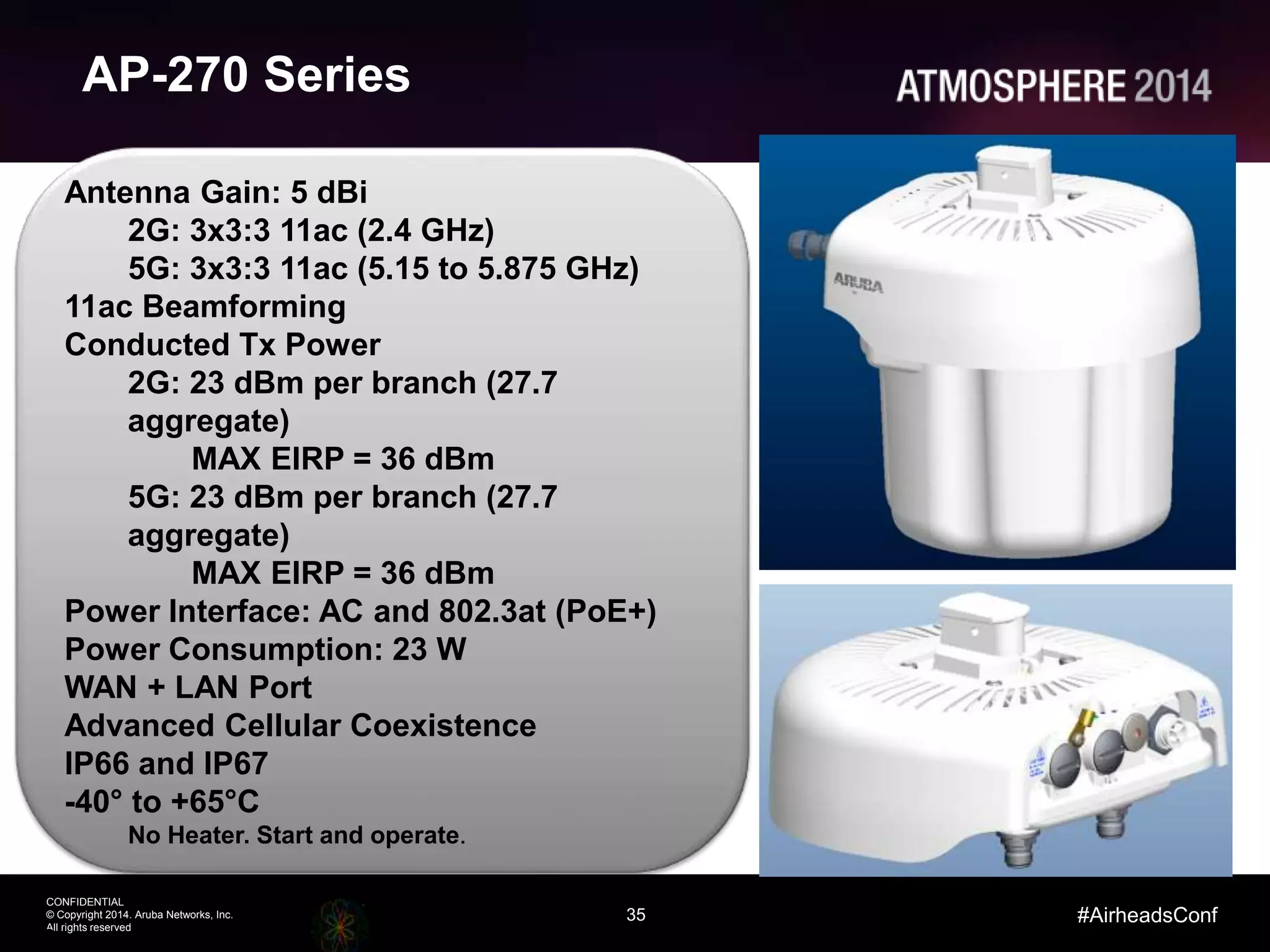 35
CONFIDENTIAL
© Copyright 2014. Aruba Networks, Inc.
All rights reserved
#AirheadsConf
Antenna Gain: 5 dBi
2G: 3x3:3 11ac (2.4 GHz)
5G: 3x3:3 11ac (5.15 to 5.875 GHz)
11ac Beamforming
Conducted Tx Power
2G: 23 dBm per branch (27.7
aggregate)
MAX EIRP = 36 dBm
5G: 23 dBm per branch (27.7
aggregate)
MAX EIRP = 36 dBm
Power Interface: AC and 802.3at (PoE+)
Power Consumption: 23 W
WAN + LAN Port
Advanced Cellular Coexistence
IP66 and IP67
-40° to +65°C
No Heater. Start and operate.
AP-270 Series
35
 