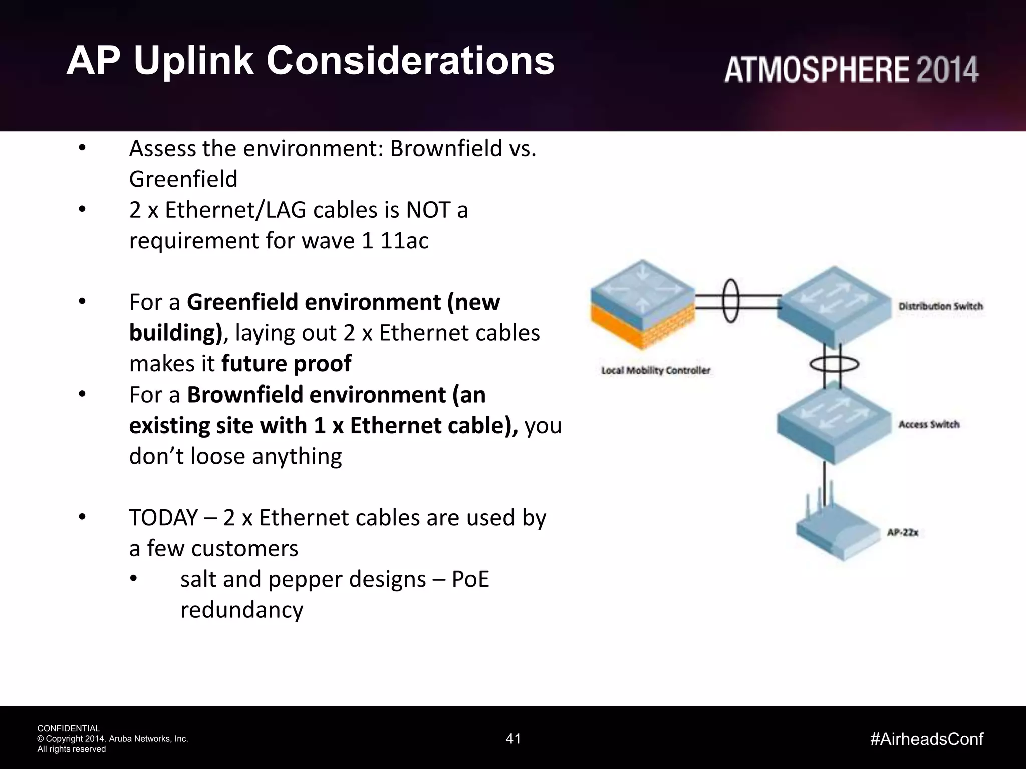 41
CONFIDENTIAL
© Copyright 2014. Aruba Networks, Inc.
All rights reserved
#AirheadsConf
AP Uplink Considerations
• Assess the environment: Brownfield vs.
Greenfield
• 2 x Ethernet/LAG cables is NOT a
requirement for wave 1 11ac
• For a Greenfield environment (new
building), laying out 2 x Ethernet cables
makes it future proof
• For a Brownfield environment (an
existing site with 1 x Ethernet cable), you
don’t loose anything
• TODAY – 2 x Ethernet cables are used by
a few customers
• salt and pepper designs – PoE
redundancy
 