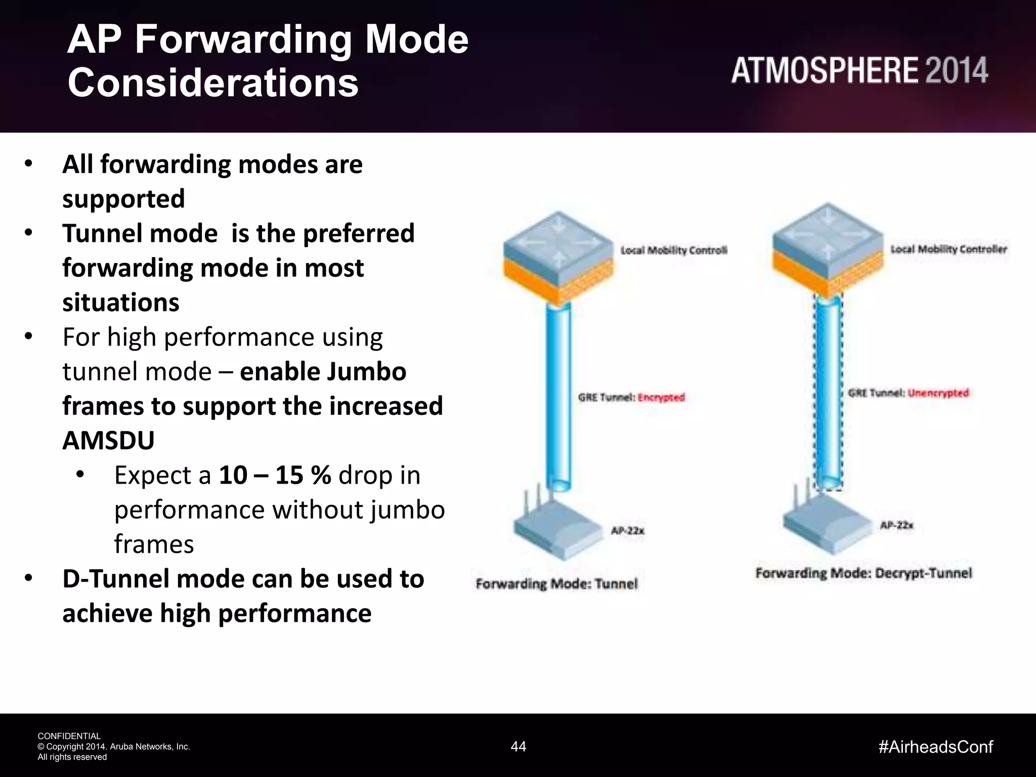 44
CONFIDENTIAL
© Copyright 2014. Aruba Networks, Inc.
All rights reserved
#AirheadsConf
AP Forwarding Mode
Considerations
• All forwarding modes are
supported
• Tunnel mode is the preferred
forwarding mode in most
situations
• For high performance using
tunnel mode – enable Jumbo
frames to support the increased
AMSDU
• Expect a 10 – 15 % drop in
performance without jumbo
frames
• D-Tunnel mode can be used to
achieve high performance
 