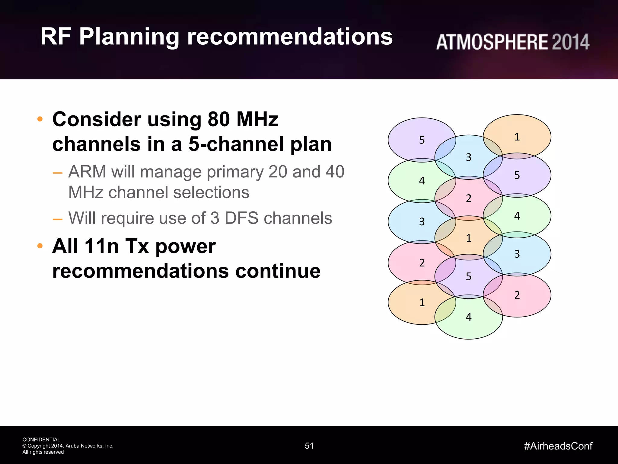 51
CONFIDENTIAL
© Copyright 2014. Aruba Networks, Inc.
All rights reserved
#AirheadsConf
RF Planning recommendations
• Consider using 80 MHz
channels in a 5-channel plan
– ARM will manage primary 20 and 40
MHz channel selections
– Will require use of 3 DFS channels
• All 11n Tx power
recommendations continue
2
1
3
4
5
2
1
3
4
5
2
1
3
4
5
 