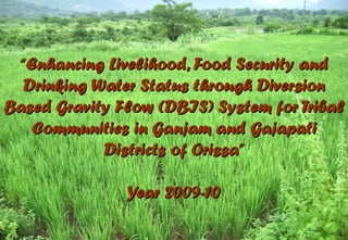 “Enhancing Livelihood, Food Security and
  Drinking Water Status through Diversion
Based Gravity Flow (DBIS) System for Tribal
   Communities in Ganjam and Gajapati
            Districts of Orissa”

               Year 2009-10
 