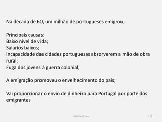 História 9º ano 111
Na década de 60, um milhão de portugueses emigrou;
Principais causas:
Baixo nível de vida;
Salários baixos;
Incapacidade das cidades portuguesas absorverem a mão de obra
rural;
Fuga dos jovens à guerra colonial;
A emigração promoveu o envelhecimento do país;
Vai proporcionar o envio de dinheiro para Portugal por parte dos
emigrantes
 