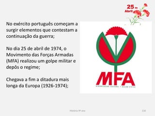 História 9º ano 116
No exército português começam a
surgir elementos que contestam a
continuação da guerra;
No dia 25 de abril de 1974, o
Movimento das Forças Armadas
(MFA) realizou um golpe militar e
depôs o regime;
Chegava a fim a ditadura mais
longa da Europa (1926-1974);
 