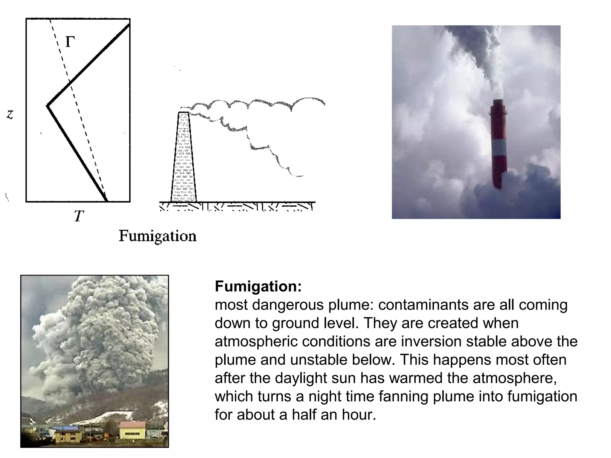 Fumigation: 
most dangerous plume: contaminants are all coming 
down to ground level. They are created when 
atmospheric conditions are inversion stable above the 
plume and unstable below. This happens most often 
after the daylight sun has warmed the atmosphere, 
which turns a night time fanning plume into fumigation 
for about a half an hour. 
 