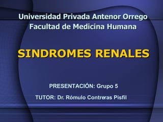 Universidad Privada Antenor Orrego Facultad de Medicina Humana SINDROMES RENALES PRESENTACIÓN: Grupo 5 TUTOR: Dr. Rómulo Contreras Pisfil 