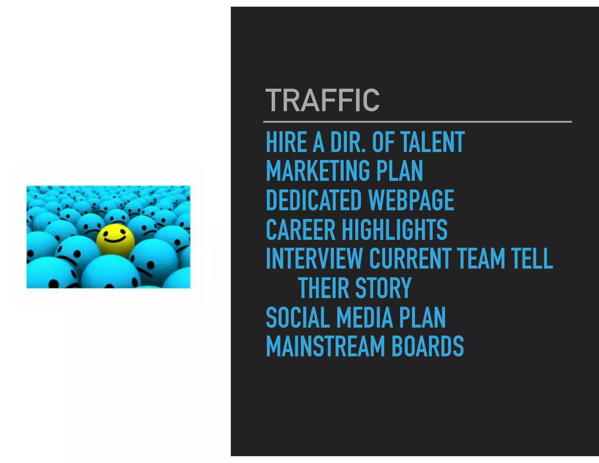 HIRE A DIR. OF TALENT
MARKETING PLAN
DEDICATED WEBPAGE
CAREER HIGHLIGHTS
INTERVIEW CURRENT TEAM TELL
THEIR STORY
SOCIAL MEDIA PLAN
MAINSTREAM BOARDS
TRAFFIC
 