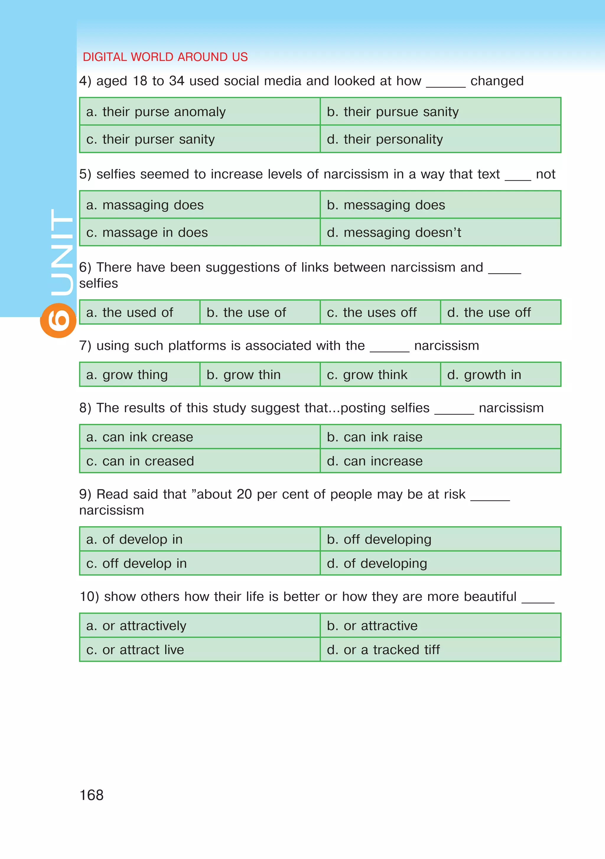 DIGITAL WORLD AROUND US
168
6UNITUNITDIGITAL WORLD AROUND US
6
4) aged 18 to 34 used social media and looked at how ______ changed
a. their purse anomaly b. their pursue sanity
c. their purser sanity d. their personality
5) selfies seemed to increase levels of narcissism in a way that text ____ not
a. massaging does b. messaging does
c. massage in does d. messaging doesn’t
6) There have been suggestions of links between narcissism and _____
selfies
a. the used of b. the use of c. the uses off d. the use off
7) using such platforms is associated with the ______ narcissism
a. grow thing b. grow thin c. grow think d. growth in
8) The results of this study suggest that...posting selfies ______ narcissism
a. can ink crease b. can ink raise
c. can in creased d. can increase
9) Read said that ”about 20 per cent of people may be at risk ______
narcissism
a. of develop in b. off developing
c. off develop in d. of developing
10) show others how their life is better or how they are more beautiful _____
a. or attractively b. or attractive
c. or attract live d. or a tracked tiff
 