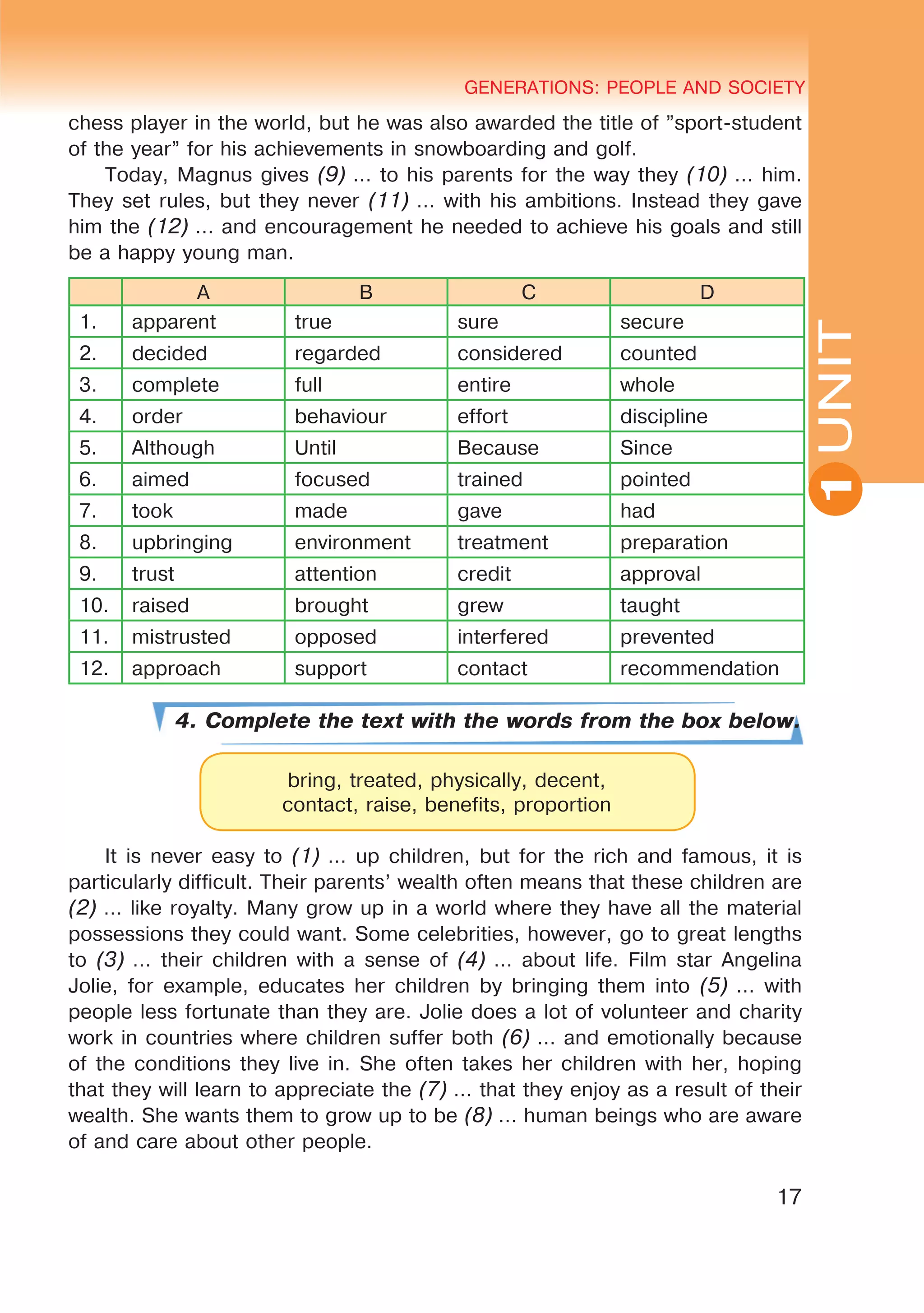 YOUTH LIFESTYLE. MODERN YOUTH CLUBSGENERATIONS: PEOPLE AND SOCIETY
17
UNIT
GENERATIONS: PEOPLE AND SOCIETY
1
chess player in the world, but he was also awarded the title of ”sport-student
of the year” for his achievements in snowboarding and golf.
Today, Magnus gives (9) … to his parents for the way they (10) … him.
They set rules, but they never (11) … with his ambitions. Instead they gave
him the (12) … and encouragement he needed to achieve his goals and still
be a happy young man.
A B C D
1. apparent true sure secure
2. decided regarded considered counted
3. complete full entire whole
4. order behaviour effort discipline
5. Although Until Because Since
6. aimed focused trained pointed
7. took made gave had
8. upbringing environment treatment preparation
9. trust attention credit approval
10. raised brought grew taught
11. mistrusted opposed interfered prevented
12. approach support contact recommendation
4. Complete the text with the words from the box below.
It is never easy to (1) … up children, but for the rich and famous, it is
particularly difficult. Their parents’ wealth often means that these children are
(2) … like royalty. Many grow up in a world where they have all the material
possessions they could want. Some celebrities, however, go to great lengths
to (3) … their children with a sense of (4) … about life. Film star Angelina
Jolie, for example, educates her children by bringing them into (5) … with
people less fortunate than they are. Jolie does a lot of volunteer and charity
work in countries where children suffer both (6) … and emotionally because
of the conditions they live in. She often takes her children with her, hoping
that they will learn to appreciate the (7) … that they enjoy as a result of their
wealth. She wants them to grow up to be (8) … human beings who are aware
of and care about other people.
bring, treated, physically, decent,
contact, raise, benefits, proportion
 