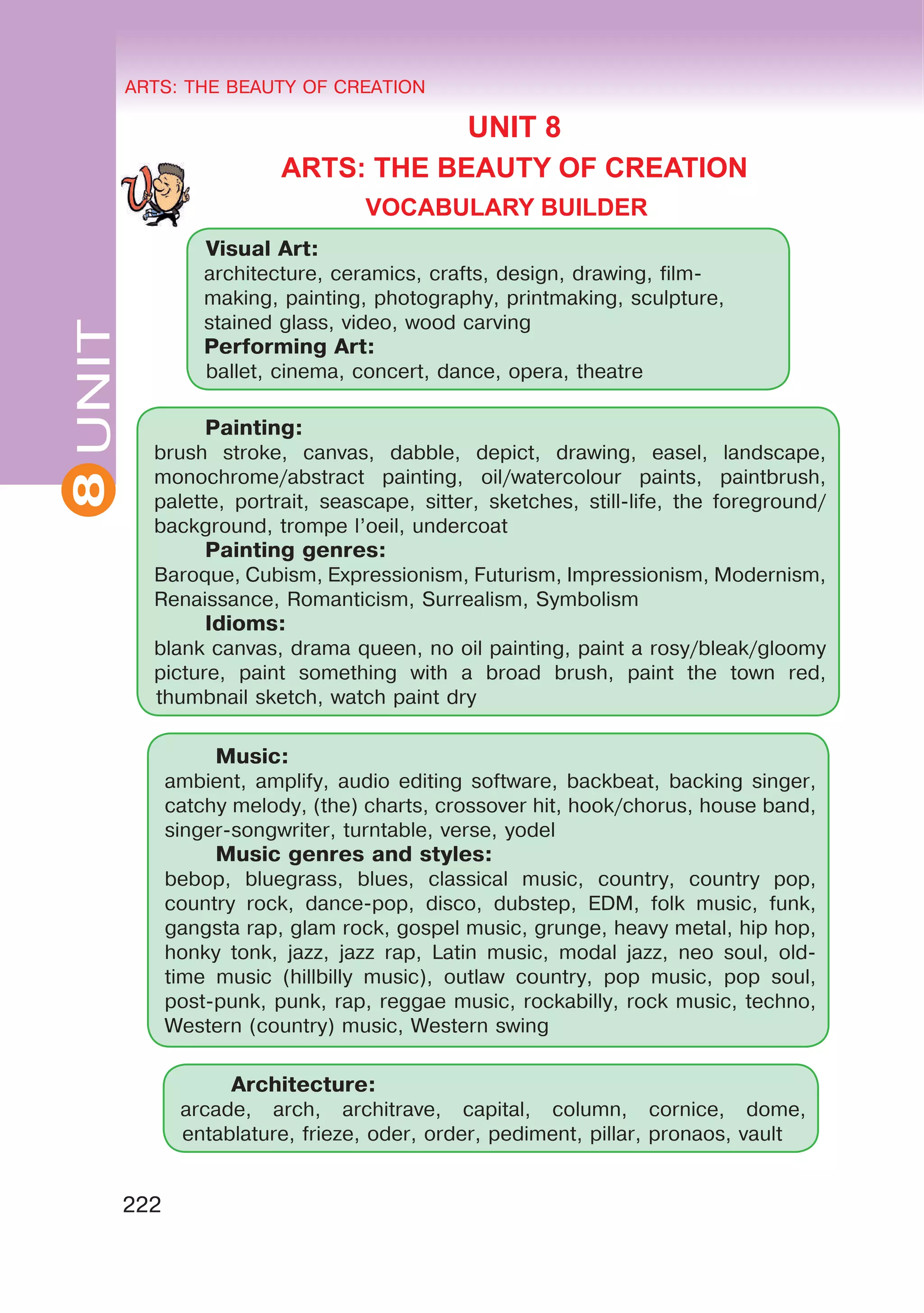 8 ARTS: THE BEAUTY OF CREATION
222
UNITARTS: THE BEAUTY OF CREATION
8
UNIT 8
ARTS: THE BEAUTY OF CREATION
VOCABULARY BUILDER
Visual Art:
architecture, ceramics, crafts, design, drawing, film-
making, painting, photography, printmaking, sculpture,
stained glass, video, wood carving
Performing Art:
ballet, cinema, concert, dance, opera, theatre
	 Painting:
brush stroke, canvas, dabble, depict, drawing, easel, landscape,
monochrome/abstract painting, oil/watercolour paints, paintbrush,
palette, portrait, seascape, sitter, sketches, still-life, the foreground/
background, trompe l’oeil, undercoat
	 Painting genres:
Baroque, Cubism, Expressionism, Futurism, Impressionism, Modernism,
Renaissance, Romanticism, Surrealism, Symbolism
	 Idioms:
blank canvas, drama queen, no oil painting, paint a rosy/bleak/gloomy
picture, paint something with a broad brush, paint the town red,
thumbnail sketch, watch paint dry
	 Music:
ambient, amplify, audio editing software, backbeat, backing singer,
catchy melody, (the) charts, crossover hit, hook/chorus, house band,
singer-songwriter, turntable, verse, yodel
	 Music genres and styles:
bebop, bluegrass, blues, classical music, country, country pop,
country rock, dance-pop, disco, dubstep, EDM, folk music, funk,
gangsta rap, glam rock, gospel music, grunge, heavy metal, hip hop,
honky tonk, jazz, jazz rap, Latin music, modal jazz, neo soul, old-
time music (hillbilly music), outlaw country, pop music, pop soul,
post-punk, punk, rap, reggae music, rockabilly, rock music, techno,
Western (country) music, Western swing
	 Architecture:
arcade, arch, architrave, capital, column, cornice, dome,
entablature, frieze, oder, order, pediment, pillar, pronaos, vault
 