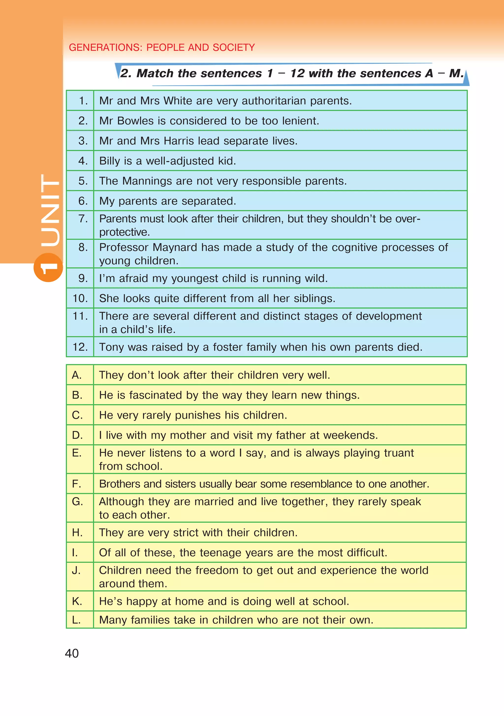 GENERATIONS: PEOPLE AND SOCIETY
40
UNITUNIT GENERATIONS: PEOPLE AND SOCIETY
1
2. Match the sentences 1 – 12 with the sentences A – M.
1. Mr and Mrs White are very authoritarian parents.
2. Mr Bowles is considered to be too lenient.
3. Mr and Mrs Harris lead separate lives.
4. Billy is a well-adjusted kid.
5. The Mannings are not very responsible parents.
6. My parents are separated.
7. Parents must look after their children, but they shouldn’t be over-
protective.
8. Professor Maynard has made a study of the cognitive processes of
young children.
9. I’m afraid my youngest child is running wild.
10. She looks quite different from all her siblings.
11. There are several different and distinct stages of development
in a child’s life.
12. Tony was raised by a foster family when his own parents died.
A. They don’t look after their children very well.
B. He is fascinated by the way they learn new things.
C. He very rarely punishes his children.
D. I live with my mother and visit my father at weekends.
E. He never listens to a word I say, and is always playing truant
from school.
F. Brothers and sisters usually bear some resemblance to one another.
G. Although they are married and live together, they rarely speak
to each other.
H. They are very strict with their children.
I. Of all of these, the teenage years are the most difficult.
J. Children need the freedom to get out and experience the world
around them.
K. He’s happy at home and is doing well at school.
L. Many families take in children who are not their own.
 