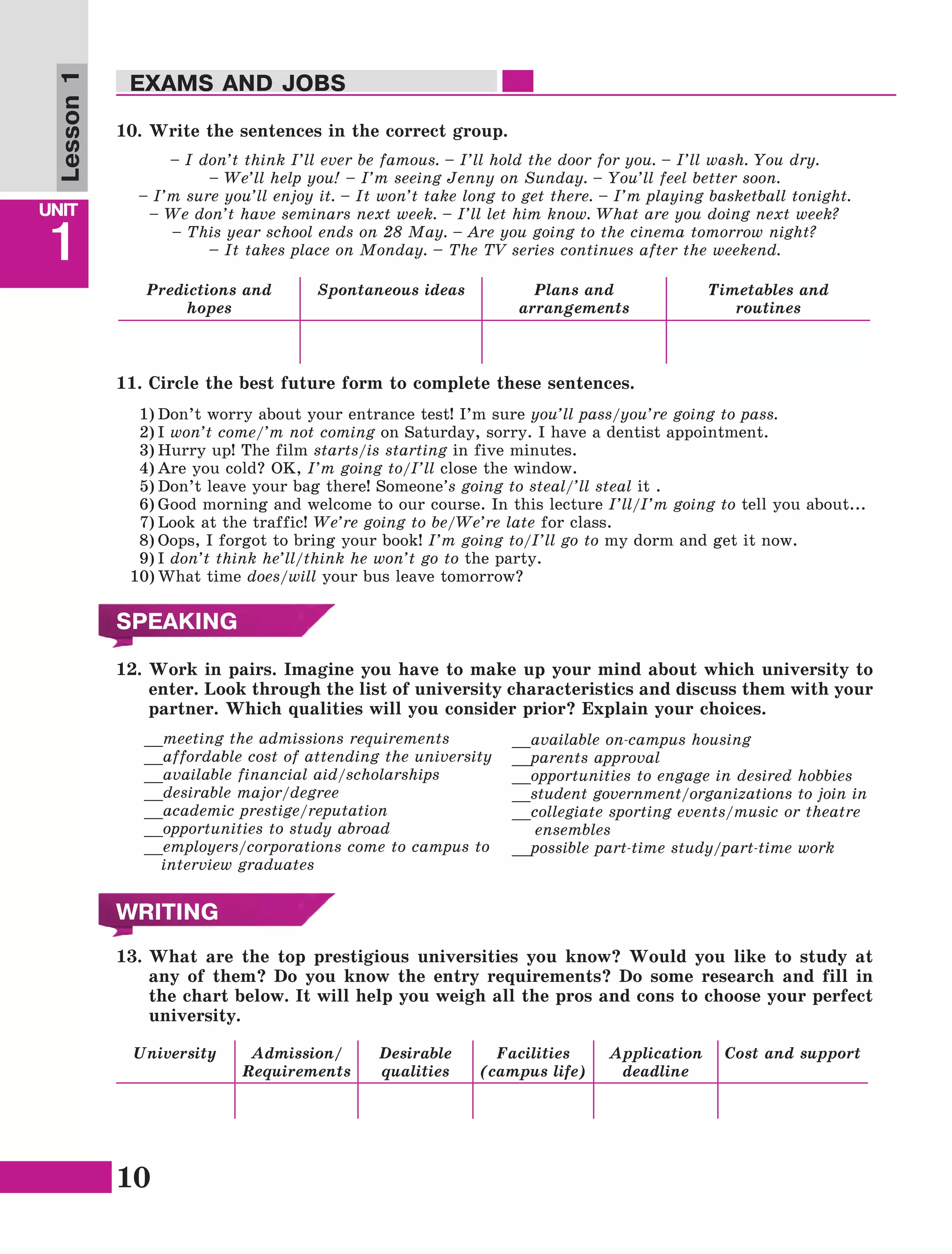 10
Lesson1
UNIT
1
EXAMS AND JOBS
10.	Write the sentences in the correct group.
1)	Don’t worry about your entrance test! I’m sure you’ll pass/you’re going to pass.
2)	I won’t come/’m not coming on Saturday, sorry. I have a dentist appointment.
3)	Hurry up! The film starts/is starting in five minutes.
4)	Are you cold? OK, I’m going to/I’ll close the window.
5)	Don’t leave your bag there! Someone’s going to steal/’ll steal it .
6)	Good morning and welcome to our course. In this lecture I’ll/I’m going to tell you about...
7)	Look at the traffic! We’re going to be/We’re late for class.
8)	Oops, I forgot to bring your book! I’m going to/I’ll go to my dorm and get it now.
9)	I don’t think he’ll/think he won’t go to the party.
10)	What time does/will your bus leave tomorrow?
11.	Circle the best future form to complete these sentences.
WRITING
SPEAKING
12.	Work in pairs. Imagine you have to make up your mind about which university to
enter. Look through the list of university characteristics and discuss them with your
partner. Which qualities will you consider prior? Explain your choices.
13.	What are the top prestigious universities you know? Would you like to study at
any of them? Do you know the entry requirements? Do some research and fill in
the chart below. It will help you weigh all the pros and cons to choose your perfect
university.
University Admission/
Requirements
Desirable
qualities
Facilities
(campus life)
Application
deadline
Cost and support
__meeting the admissions requirements
__affordable cost of attending the university
__available financial aid/scholarships
__desirable major/degree
__academic prestige/reputation
__opportunities to study abroad
__employers/corporations come to campus to
interview graduates
__available on-campus housing
__parents approval
__opportunities to engage in desired hobbies
__student government/organizations to join in
__collegiate sporting events/music or theatre
ensembles
__possible part-time study/part-time work
– I don’t think I’ll ever be famous. – I’ll hold the door for you. – I’ll wash. You dry.
– We’ll help you! – I’m seeing Jenny on Sunday. – You’ll feel better soon.
– I’m sure you’ll enjoy it. – It won’t take long to get there. – I’m playing basketball tonight.
– We don’t have seminars next week. – I’ll let him know. What are you doing next week?
– This year school ends on 28 May. – Are you going to the cinema tomorrow night?
– It takes place on Monday. – The TV series continues after the weekend.
Predictions and
hopes
Spontaneous ideas Plans and
arrangements
Timetables and
routines
 