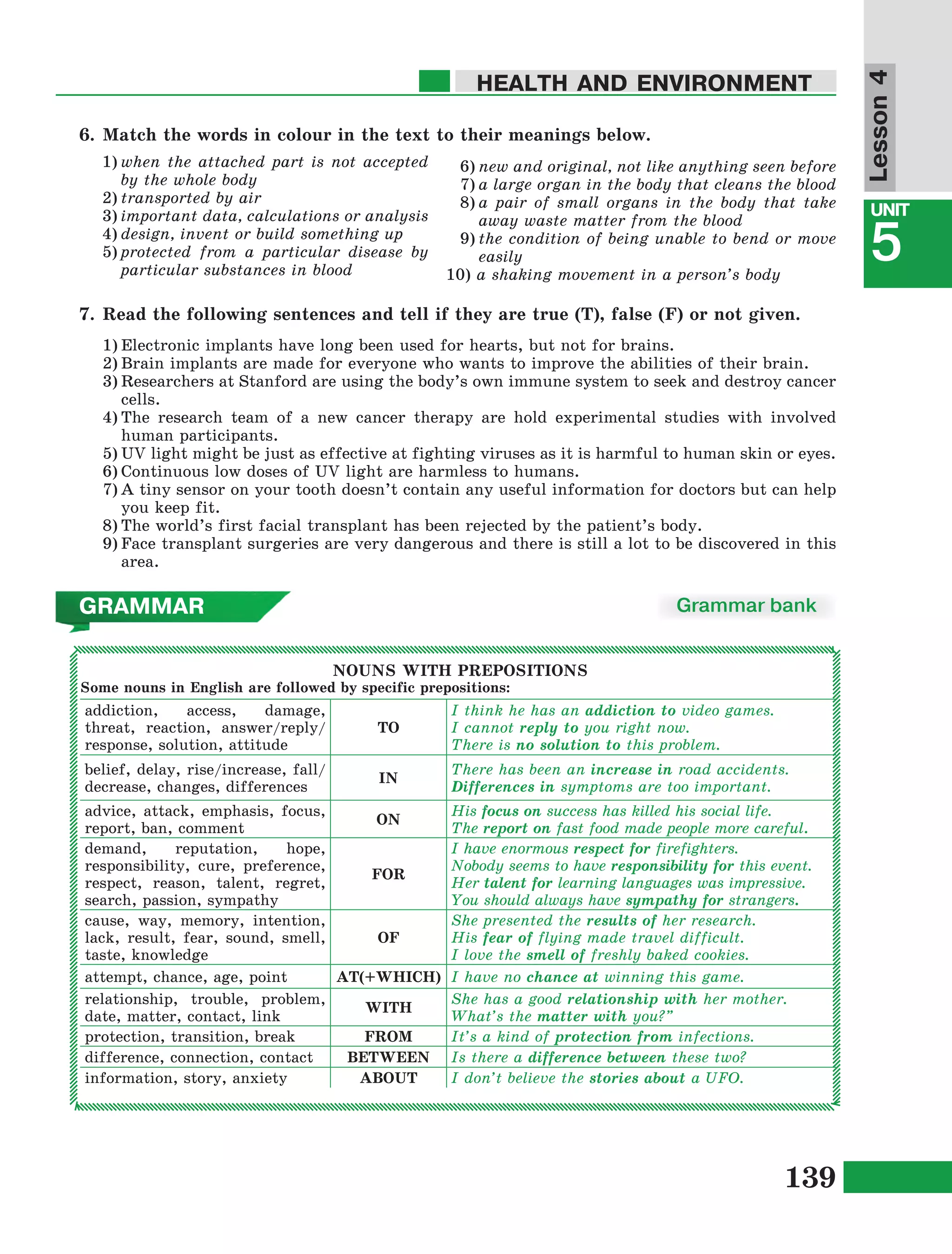 139
Lesson1
UNIT
5
HEALTH AND ENVIRONMENT
Lesson4
Grammar bankGRAMMAR
NOUNS WITH PREPOSITIONS
Some nouns in English are followed by specific prepositions:
addiction, access, damage,
threat, reaction, answer/reply/
response, solution, attitude
TO
I think he has an addiction to video games.
I cannot reply to you right now.
There is no solution to this problem.
belief, delay, rise/increase, fall/
decrease, changes, differences
IN
There has been an increase in road accidents.
Differences in symptoms are too important.
advice, attack, emphasis, focus,
report, ban, comment
ON
His focus on success has killed his social life.
The report on fast food made people more careful.
demand, reputation, hope,
responsibility, cure, preference,
respect, reason, talent, regret,
search, passion, sympathy
FOR
I have enormous respect for firefighters.
Nobody seems to have responsibility for this event.
Her talent for learning languages was impressive.
You should always have sympathy for strangers.
cause, way, memory, intention,
lack, result, fear, sound, smell,
taste, knowledge
OF
She presented the results of her research.
His fear of flying made travel difficult.
I love the smell of freshly baked cookies.
attempt, chance, age, point AT(+WHICH) I have no chance at winning this game.
relationship, trouble, problem,
date, matter, contact, link
WITH
She has a good relationship with her mother.
What’s the matter with you?”
protection, transition, break FROM It’s a kind of protection from infections.
difference, connection, contact BETWEEN Is there a difference between these two?
information, story, anxiety ABOUT I don’t believe the stories about a UFO.
6.	Match the words in colour in the text to their meanings below.
1)	when the attached part is not accepted
by the whole body
2)	transported by air
3)	important data, calculations or analysis
4)	design, invent or build something up
5)	protected from a particular disease by
particular substances in blood
6)	new and original, not like anything seen before
7)	a large organ in the body that cleans the blood
8)	a pair of small organs in the body that take
away waste matter from the blood
9)	the condition of being unable to bend or move
easily
10) a shaking movement in a person’s body
7.	Read the following sentences and tell if they are true (Т), false (F) or not given.
1)	Electronic implants have long been used for hearts, but not for brains.
2)	Brain implants are made for everyone who wants to improve the abilities of their brain.
3)	Researchers at Stanford are using the body’s own immune system to seek and destroy cancer
cells.
4)	The research team of a new cancer therapy are hold experimental studies with involved
human participants.
5)	UV light might be just as effective at fighting viruses as it is harmful to human skin or eyes.
6)	Continuous low doses of UV light are harmless to humans.
7)	A tiny sensor on your tooth doesn’t contain any useful information for doctors but can help
you keep fit.
8)	The world’s first facial transplant has been rejected by the patient’s body.
9)	Face transplant surgeries are very dangerous and there is still a lot to be discovered in this
area.
 