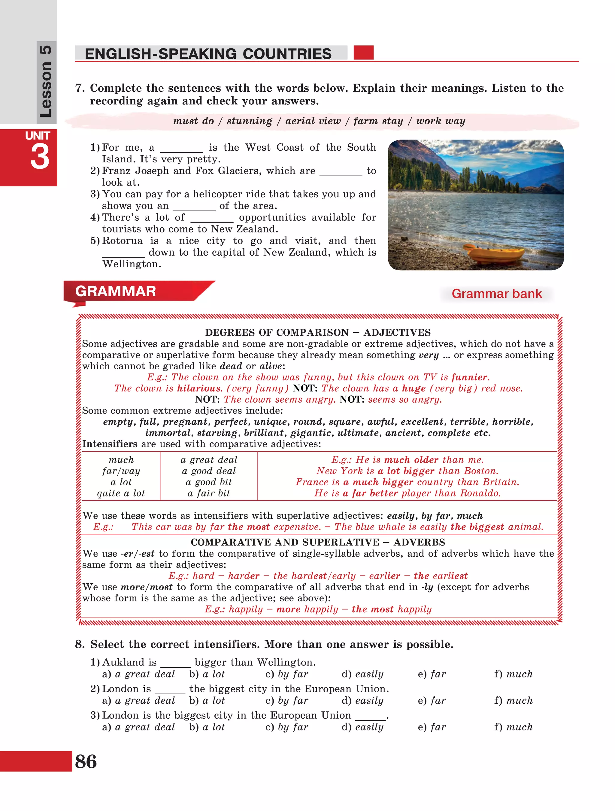 86
Lesson1
UNIT
3
ENGLISH-SPEAKING COUNTRIES
Lesson5
Grammar bank
DEGREES OF COMPARISON – ADJECTIVES
Some adjectives are gradable and some are non-gradable or extreme adjectives, which do not have a
comparative or superlative form because they already mean something very … or express something
which cannot be graded like dead or alive:
E.g.: The clown on the show was funny, but this clown on TV is funnier.
The clown is hilarious. (very funny) NOT: The clown has a huge (very big) red nose.
NOT: The clown seems angry. NOT: seems so angry.
Some common extreme adjectives include:
empty, full, pregnant, perfect, unique, round, square, awful, excellent, terrible, horrible,
immortal, starving, brilliant, gigantic, ultimate, ancient, complete etc.
Intensifiers are used with comparative adjectives:
much
far/way
a lot
quite a lot
a great deal
a good deal
a good bit
a fair bit
E.g.: He is much older than me.
New York is a lot bigger than Boston.
France is a much bigger country than Britain.
He is a far better player than Ronaldo.
We use these words as intensifiers with superlative adjectives: easily, by far, much
E.g.: This car was by far the most expensive. – The blue whale is easily the biggest animal.
COMPARATIVE AND SUPERLATIVE – ADVERBS
We use -er/-est to form the comparative of single-syllable adverbs, and of adverbs which have the
same form as their adjectives:
E.g.: hard – harder – the hardest/early – earlier – the earliest
We use more/most to form the comparative of all adverbs that end in -ly (except for adverbs
whose form is the same as the adjective; see above):
E.g.: happily – more happily – the most happily
8.	Select the correct intensifiers. More than one answer is possible.
1)	Aukland is _____ bigger than Wellington.
	a) a great deal	b) a lot		c) by far	d) easily	e) far		 f) much
2)	London is _____ the biggest city in the European Union.
	a) a great deal	 b) a lot		 c) by far	 d) easily	 e) far		 f) much
3)	London is the biggest city in the European Union _____.
	a) a great deal	 b) a lot		 c) by far	 d) easily	 e) far		 f) much
1)	For me, a _______ is the West Coast of the South
Island. It’s very pretty.
2)	Franz Joseph and Fox Glaciers, which are _______ to
look at.
3)	You can pay for a helicopter ride that takes you up and
shows you an _______ of the area.
4)	There’s a lot of _______ opportunities available for
tourists who come to New Zealand.
5)	Rotorua is a nice city to go and visit, and then
_______ down to the capital of New Zealand, which is
Wellington.
GRAMMAR
7.	Complete the sentences with the words below. Explain their meanings. Listen to the
recording again and check your answers.
must do / stunning / aerial view / farm stay / work way
 