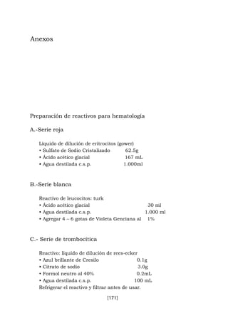 [171]
Anexos
Preparación de reactivos para hematología
A.-Serie roja
Líquido de dilución de eritrocitos (gower)
• Sulfato de Sodio Cristalizado 62.5g
• Ácido acético glacial 167 mL
• Agua destilada c.s.p. 1.000ml
B.-Serie blanca
Reactivo de leucocitos: turk
• Ácido acético glacial 30 ml
• Agua destilada c.s.p. 1.000 ml
• Agregar 4 – 6 gotas de Violeta Genciana al 1%
C.- Serie de trombocítica
Reactivo: líquido de dilución de rees-ecker
• Azul brillante de Cresilo 0.1g
• Citrato de sodio 3.0g
• Formol neutro al 40% 0.2mL
• Agua destilada c.s.p. 100 mL
Refrigerar el reactivo y filtrar antes de usar.
 