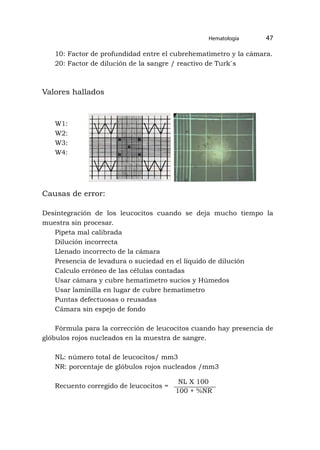 Hematología 47
10: Factor de profundidad entre el cubrehematìmetro y la cámara.
20: Factor de dilución de la sangre / reactivo de Turk`s
Valores hallados
Causas de error:
Desintegración de los leucocitos cuando se deja mucho tiempo la
muestra sin procesar.
Pipeta mal calibrada
Dilución incorrecta
Llenado incorrecto de la cámara
Presencia de levadura o suciedad en el líquido de dilución
Calculo erróneo de las células contadas
Usar cámara y cubre hematìmetro sucios y Húmedos
Usar laminilla en lugar de cubre hematìmetro
Puntas defectuosas o reusadas
Cámara sin espejo de fondo
Fórmula para la corrección de leucocitos cuando hay presencia de
glóbulos rojos nucleados en la muestra de sangre.
NL: número total de leucocitos/ mm3
NR: porcentaje de glóbulos rojos nucleados /mm3
Recuento corregido de leucocitos =
W1:
W2:
W3:
W4:
NL X 100
100 + %NR
 