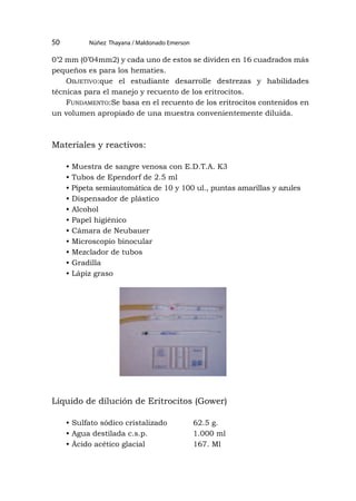 Núñez Thayana / Maldonado Emerson
50
0’2 mm (0’04mm2) y cada uno de estos se dividen en 16 cuadrados más
pequeños es para los hematies.
Objetivo:que el estudiante desarrolle destrezas y habilidades
técnicas para el manejo y recuento de los eritrocitos.
Fundamento:Se basa en el recuento de los eritrocitos contenidos en
un volumen apropiado de una muestra convenientemente diluida.
Materiales y reactivos:
• Muestra de sangre venosa con E.D.T.A. K3
• Tubos de Ependorf de 2.5 ml
• Pipeta semiautomática de 10 y 100 ul., puntas amarillas y azules
• Dispensador de plástico
• Alcohol
• Papel higiénico
• Cámara de Neubauer
• Microscopio binocular
• Mezclador de tubos
• Gradilla
• Lápiz graso
Líquido de dilución de Eritrocitos (Gower)
• Sulfato sódico cristalizado 62.5 g.
• Agua destilada c.s.p.		 1.000 ml
• Ácido acético glacial 		 167. Ml
 