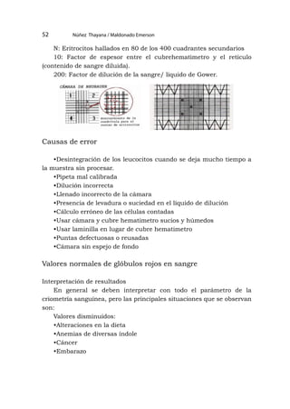 Núñez Thayana / Maldonado Emerson
52
N: Eritrocitos hallados en 80 de los 400 cuadrantes secundarios
10: Factor de espesor entre el cubrehematìmetro y el retículo
(contenido de sangre diluida).
200: Factor de dilución de la sangre/ líquido de Gower.
Causas de error
•Desintegración de los leucocitos cuando se deja mucho tiempo a
la muestra sin procesar.
•Pipeta mal calibrada
•Dilución incorrecta
•Llenado incorrecto de la cámara
•Presencia de levadura o suciedad en el líquido de dilución
•Cálculo erróneo de las células contadas
•Usar cámara y cubre hematimetro sucios y húmedos
•Usar laminilla en lugar de cubre hematimetro
•Puntas defectuosas o reusadas
•Cámara sin espejo de fondo
Valores normales de glóbulos rojos en sangre
Interpretación de resultados
En general se deben interpretar con todo el parámetro de la
criometría sanguínea, pero las principales situaciones que se observan
son:
Valores disminuidos:
•Alteraciones en la dieta
•Anemias de diversas índole
•Cáncer
•Embarazo
 