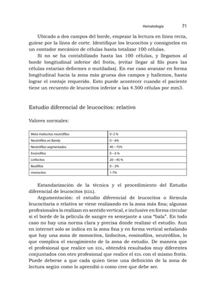 Hematología 71
Ubicado a dos campos del borde, empezar la lectura en línea recta,
guíese por la línea de corte. Identifique los leucocitos y consígnelos en
un contador mecánico de células hasta totalizar 100 células.
Si no se ha contabilizado hasta las 100 células, y llegamos al
borde longitudinal inferior del frotis, (evitar llegar al filo pues las
células estarían deformes o mutiladas). En ese caso avanzar en forma
longitudinal hacia la zona más gruesa dos campos y hallemos, hasta
lograr el contaje requerido. Esto puede acontecer cuando el paciente
tiene un recuento de leucocitos inferior a las 4.500 células por mm3.
Estudio diferencial de leucocitos: relativo
Valores normales:
Meta mielocitos neutrófilos 0 -2 %
Neutrófilos en Banda 0 – 6%
Neutrófilos segmentados 40 – 75%
Eosinofilos 0 – 6 %
Linfocitos 20 – 45 %
Basófilos 0 – 2%
monocitos 1-7%
Estandarización de la técnica y el procedimiento del Estudio
diferencial de leucocitos (edl).
Argumentación: el estudio diferencial de leucocitos o fórmula
leucocitaria o relativa se viene realizando en la zona más fina; algunas
profesionales lo realizan en sentido vertical, e inclusive en forma circular
si el borde de la película de sangre es semejante a una “bala”. En todo
caso no hay una norma clara y precisa donde realizar el estudio. Aun
en internet solo se indica en la zona fina y en forma vertical señalando
que hay una zona de monocitos, linfocitos, eosinofilos, neutrófilos, lo
que complica el escogimiento de la zona de estudio. De manera que
el profesional que realice un edl, obtendrá resultados muy diferentes
conjuntados con otro profesional que realice el edl con el mismo frotis.
Puede deberse a que cada quien tiene una definición de la zona de
lectura según como lo aprendió o como cree que debe ser.
 