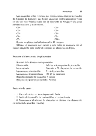 Las plaquetas se las reconoce por corpúsculos esféricos u ovalados
de 3 micras de diámetro, que tienen una zona central granulosa y que
se tiñe de color violeta-rojizo con el colorante de Wright y una zona
periférica hialina y filamentosa.
C1= C6=
C2= C7=
C3= C8=
C4= C9=
C5= C10=
Sumar las plaquetas halladas en los 10 campos.
Obtener el promedio por campo y este valor se compara con el
cuadro siguiente para emitir el estimado de plaquetas en frotis.
Reporte del recuento de plaquetas
Normal: 7-24 Plaquetas de promedio
Disminuida: Inferior a 4 plaquetas de promedio
Incremetada: Superior a 30 plaquetas de promedio
Ligeramente disminuida: 5 – 6 de promedio
Ligeramente incrementada: 25-29 de promedio
Reporte: ejemplo 20 plaquetas / campo
Recuento de plaquetas en frotis: Normal
Fuentes de error
1. Hacer el conteo en los márgenes del frotis
2. Aceite de inmersión de mala calidad o contaminado
3. No comparar el número de plaquetas en cámara con el recuento
en frotis (debe guardar relación)
Hematología 81
 