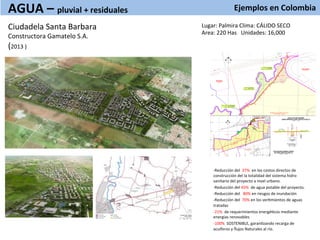 Ejemplos	
  en	
  Colombia	
  
	
  
Lugar:	
  Palmira	
  Clima:	
  CÁLIDO	
  SECO	
  
Area:	
  220	
  Has	
  	
  	
  Unidades:	
  16,000	
  
Ciudadela	
  Santa	
  Barbara	
  
Constructora	
  Gamatelo	
  S.A.	
  
(2013	
  )	
  
	
  
1
2
3
4
N°
A
1 2 3 4 5 6 7 8
B
C
D
E
1 2 3 4 5 6 7 8
ACTUA
ADICI
P
N:Dwg-PlusALCGRLAL-83-G-II.dwg
FRANJA DE SERVIDUMBRE
SOBRE PREDIO DE
CONVE
Alcanta
LOCALIZACION GENERAL PREDIO
DE
15/03/201103:17:08p.m.
-­‐Reducción	
  del	
  	
  37%	
  	
  en	
  los	
  costos	
  directos	
  de	
  
construcción	
  del	
  la	
  totalidad	
  del	
  sistema	
  hidro	
  
sanitario	
  del	
  proyecto	
  a	
  nivel	
  urbano.	
  
-­‐Reducción	
  del	
  45%	
  	
  de	
  agua	
  potable	
  del	
  proyecto.	
  
-­‐Reducción	
  del	
  	
  	
  80%	
  en	
  riesgos	
  de	
  inundación	
  
-­‐Reducción	
  del	
  	
  70%	
  en	
  los	
  verWmientos	
  de	
  aguas	
  
tratadas	
  
-­‐21%	
  	
  de	
  requerimientos	
  energéWcos	
  mediante	
  
energías	
  renovables	
  
-­‐100%	
  	
  SOSTENIBLE,	
  garanWzando	
  recarga	
  de	
  
acuíferos	
  y	
  ﬂujos	
  Naturales	
  al	
  río.	
  
	
  
AGUA	
  –	
  pluvial	
  +	
  residuales	
  
 