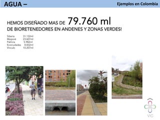 Ejemplos	
  en	
  Colombia	
  
	
  
AGUA	
  –	
  	
  
HEMOS DISEÑADO MAS DE 79.760 ml
DE BIORETENEDORES EN ANDENES Y ZONAS VERDES!
Siberia 31.132ml
Maiporé 23.607ml
Palmira 5.982ml
Ecociudades 8.832ml
Vinculo 10.207ml
 