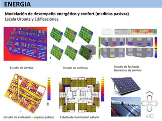 Modelación	
  de	
  desempeño	
  energéQco	
  y	
  confort	
  (medidas	
  pasivas)	
  
Escala	
  Urbana	
  y	
  Ediﬁcaciones.	
  
	
  
Estudio	
  de	
  vientos	
  
8:00
10:00
12:00 14:00
N
16:00
18:00
Estudio	
  de	
  sombras	
  
Average value – 3346.96 Wh
N
Estudio	
  de	
  asoleación	
  –	
  espacio	
  público	
   Estudio	
  de	
  iluminación	
  natural	
  
N
PORCENTAJE*SOMBREADO*RADIACION*SOLAR*
Estudio	
  de	
  fachadas	
  
Elementos	
  de	
  sombra	
  	
  
ENERGIA	
  
 