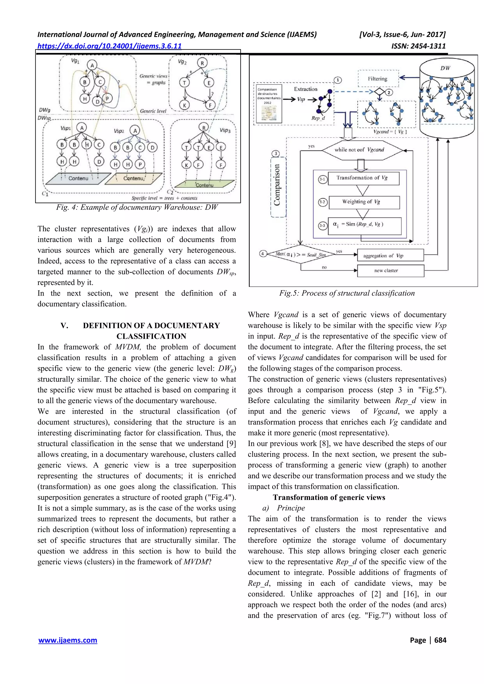 International Journal of Advanced Engineering, Management and Science (IJAEMS) [Vol-3, Issue-6, Jun- 2017]
https://dx.doi.org/10.24001/ijaems.3.6.11 ISSN: 2454-1311
www.ijaems.com Page | 684
Fig. 4: Example of documentary Warehouse: DW
The cluster representatives (Vgi)) are indexes that allow
interaction with a large collection of documents from
various sources which are generally very heterogeneous.
Indeed, access to the representative of a class can access a
targeted manner to the sub-collection of documents DWsp,
represented by it.
In the next section, we present the definition of a
documentary classification.
V. DEFINITION OF A DOCUMENTARY
CLASSIFICATION
In the framework of MVDM, the problem of document
classification results in a problem of attaching a given
specific view to the generic view (the generic level: DWg)
structurally similar. The choice of the generic view to what
the specific view must be attached is based on comparing it
to all the generic views of the documentary warehouse.
We are interested in the structural classification (of
document structures), considering that the structure is an
interesting discriminating factor for classification. Thus, the
structural classification in the sense that we understand [9]
allows creating, in a documentary warehouse, clusters called
generic views. A generic view is a tree superposition
representing the structures of documents; it is enriched
(transformation) as one goes along the classification. This
superposition generates a structure of rooted graph ("Fig.4").
It is not a simple summary, as is the case of the works using
summarized trees to represent the documents, but rather a
rich description (without loss of information) representing a
set of specific structures that are structurally similar. The
question we address in this section is how to build the
generic views (clusters) in the framework of MVDM?
Fig.5: Process of structural classification
Where Vgcand is a set of generic views of documentary
warehouse is likely to be similar with the specific view Vsp
in input. Rep_d is the representative of the specific view of
the document to integrate. After the filtering process, the set
of views Vgcand candidates for comparison will be used for
the following stages of the comparison process.
The construction of generic views (clusters representatives)
goes through a comparison process (step 3 in "Fig.5").
Before calculating the similarity between Rep_d view in
input and the generic views of Vgcand, we apply a
transformation process that enriches each Vg candidate and
make it more generic (most representative).
In our previous work [8], we have described the steps of our
clustering process. In the next section, we present the sub-
process of transforming a generic view (graph) to another
and we describe our transformation process and we study the
impact of this transformation on classification.
Transformation of generic views
a) Principe
The aim of the transformation is to render the views
representatives of clusters the most representative and
therefore optimize the storage volume of documentary
warehouse. This step allows bringing closer each generic
view to the representative Rep_d of the specific view of the
document to integrate. Possible additions of fragments of
Rep_d, missing in each of candidate views, may be
considered. Unlike approaches of [2] and [16], in our
approach we respect both the order of the nodes (and arcs)
and the preservation of arcs (eg. "Fig.7") without loss of
 