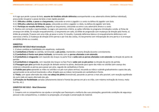 APRENDIZAGENS ESSENCIAIS | ARTICULAÇÃO COM O PERFIL DOS ALUNOS SECUNDÁRIO | EDUCAÇÃO FÍSICA)
PÁG. 10
4.4 Logo que perde a posse da bola, assume de imediato atitude defensiva acompanhando o seu adversário direto (defesa individual),
procurando recuperar a posse da bola o mais rápido possível:
4.4.1 Dificulta o drible, o passe e o lançamento, colocando-se entre o jogador e o cesto na defesa do jogador com bola.
4.4.2 Dificulta a abertura de linhas de passe, colocando-se entre o jogador e a bola, na defesa do jogador sem bola.
4.4.3 Participa no ressalto defensivo, reagindo ao lançamento, colocando-se entre o seu adversário direto e o cesto.
5. Realiza com correção e oportunidade, no jogo e em exercícios critério, as ações referidas no programa Introdução e ainda: a) fintas de
arranque em drible, b) receção-enquadramento, c) lançamento em salto, d) drible de progressão com mudanças de direção pela frente, e)
drible de proteção, f) passe com uma mão, g) passe e corte, h) ressalto, i) posição defensiva básica e j) enquadramento defensivo e em
exercícios critério, l) mudanças de direção entre pernas e por trás das costas, m) lançamento com interposição de uma perna e n) arranque
em drible (direto ou cruzado).
GINÁSTICA
GINÁSTICA NO SOLO-Nível Introdução
1. O aluno combina as habilidades em sequências, realizando:
1.1 Cambalhota à frente no colchão, terminando a pés juntos, mantendo a mesma direção durante o enrolamento.
1.2 Cambalhota à frente num plano inclinado, terminando com as pernas afastadas e em extensão.
1.3 Cambalhota à retaguarda com repulsão dos braços na parte final e saída com as pernas afastadas e em extensão na direção do ponto de
partida.
1.4 Cambalhota à retaguarda, com repulsão dos braços na fase final e saída com os pés juntos na direção do ponto de partida.
1.5 Passagem por pino partindo da posição de deitado ventral no plinto, deslizando para apoio das mãos no colchão (sem avanço dos
ombros) e elevando as pernas para passar por pino, seguido de cambalhota à frente.
1.6 Subida para pino apoiando as mãos no colchão e os pés num plano vertical, recuando as mãos e subindo gradualmente o apoio dos pés,
aproximando-se da vertical (mantendo o olhar dirigido para as mãos), terminando em cambalhota à frente.
1.7 Roda, com apoio alternado das mãos na cabeça do plinto (transversal), passando as pernas o mais alto possível, com receção equilibrada
do outro lado em apoio alternado dos pés.
1.8 Posições de flexibilidade variadas (afastamento lateral e frontal das pernas em pé e no chão, com máxima inclinação do tronco; mata-
borrão; etc.).
GINÁSTICA NO SOLO - Nível Elementar
O aluno:
1. Coopera com os companheiros nas ajudas e correções que favoreçam a melhoria das suas prestações, garantindo condições de segurança
pessoal e dos companheiros, e colabora na preparação, arrumação e preservação do material.
 