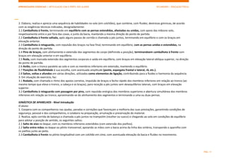 APRENDIZAGENS ESSENCIAIS | ARTICULAÇÃO COM O PERFIL DOS ALUNOS SECUNDÁRIO | EDUCAÇÃO FÍSICA)
PÁG. 11
2. Elabora, realiza e aprecia uma sequência de habilidades no solo (em colchões), que combine, com fluidez, destrezas gímnicas, de acordo
com as exigências técnicas indicadas, designadamente:
2.1 Cambalhota à frente, terminando em equilíbrio com as pernas estendidas, afastadas ou unidas, com apoio das mãosno solo,
respetivamente entre e por fora das coxas, e junto da bacia, mantendo a mesma direção do ponto de partida.
2.2 Cambalhota à frente saltada, após alguns passos de corrida e chamada a pés juntos, terminando em equilíbrio e com os braços em
elevação anterior.
2.3 Cambalhota à retaguarda, com repulsão dos braços na fase final, terminando em equilíbrio, com as pernas unidas e estendidas, na
direção do ponto de partida.
2.4 Pino de braços, com alinhamento e extensão dos segmentos do corpo (definindo a posição), terminandoem cambalhota à frente com
braços em elevação anterior e em equilíbrio.
2.5 Roda, com marcada extensão dos segmentos corporais e saída em equilíbrio, com braços em elevação lateral oblíqua superior, na direção
do ponto de partida.
2.6 Avião, com o tronco paralelo ao solo e com os membros inferiores em extensão, mantendo o equilíbrio.
2.7 Posições de flexibilidade à sua escolha, com acentuada amplitude (ponte, espargata frontal e lateral, rã, etc.).
2.8 Saltos, voltas e afundos em várias direções, utilizados como elementos de ligação, contribuindo para a fluidez e harmonia da sequência.
3. Em situação de exercício, faz:
3.1 Rodada, com chamada e ritmo dos apoios corretos, impulsão de braços e fecho rápido dos membros inferiores em relação ao tronco (ao
mesmo tempo que eleva o tronco, a cabeça e os braços), para receção a pés juntos sem desequilíbrios laterais, com braços em elevação
superior.
3.2 Cambalhota à retaguarda com passagem por pino, com repulsão enérgica dos membros superiores e abertura simultânea dos membros
inferiores em relação ao tronco, aproximando-se do alinhamento dos segmentos e terminando a uma ou duas pernas.
GINÁSTICA DE APARELHOS - Nível Introdução
O aluno:
1. Coopera com os companheiros nas ajudas, paradas e correções que favoreçam a melhoria das suas prestações, garantindo condições de
segurança, pessoal e dos companheiros, e colabora na preparação, arrumação e preservação do material.
2. Realiza, após corrida de balanço e chamada a pés juntos no trampolim (reuther ou sueco) e chegando ao solo em condições de equilíbrio
para adotar a posição de sentido, os seguintes saltos:
2.1 Salto de eixo no boque, com os membros inferiores estendidos (com extensão dos joelhos).
2.2 Salto entre-mãos no boque ou plinto transversal, apoiando as mãos com a bacia acima da linha dos ombros, transpondo o aparelho com
os joelhos junto ao peito.
2.3 Cambalhota à frente no plinto longitudinal com um colchão em cima, com acentuada elevação da bacia e fluidez no movimento.
 
