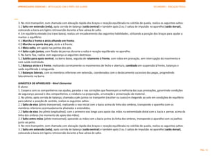 APRENDIZAGENS ESSENCIAIS | ARTICULAÇÃO COM O PERFIL DOS ALUNOS SECUNDÁRIO | EDUCAÇÃO FÍSICA)
PÁG. 12
3. No mini-trampolim, com chamada com elevação rápida dos braços e receção equilibrada no colchão de queda, realiza os seguintes saltos:
3.1 Salto em extensão (vela), após corrida de balanço (saída ventral) e também após 2 ou 3 saltos de impulsão no aparelho (saída dorsal),
colocando a bacia em ligeira retroversão durante a fase aérea do salto.
4. Em equilíbrio elevado (na trave baixa), realiza um encadeamento das seguintes habilidades, utilizando a posição dos braços para ajudar a
manter o equilíbrio:
4.1 Marcha à frente e atrás olhando em frente.
4.2 Marcha na ponta dos pés, atrás e à frente.
4.3 Meia volta, em apoio nas pontas dos pés.
4.4 Salto a pés juntos, com flexão de pernas durante o salto e receção equilibrada no aparelho.
5. Na barra fixa, realiza com segurança as seguintes destrezas:
5.1 Subida para apoio ventral, na barra baixa, seguida de rolamento à frente, com mãos em pronação, sem interrupção do movimento e
com saída controlada.
5.2 Balanço atrás e à frente, realizando corretamente os movimentos de fecho e abertura, cambiada em suspensão à frente, balanços e
saída equilibrada à retaguarda.
5.3 Balanços laterais, com os membros inferiores em extensão, coordenados com o deslocamento sucessivo das pegas, progredindo
lateralmente na barra.
GINÁSTICA DE APARELHOS - Nível Elementar
O aluno:
1. Coopera com os companheiros nas ajudas, paradas e nas correções que favoreçam a melhoria das suas prestações, garantindo condições
de segurança pessoal e dos companheiros, e colabora na preparação, arrumação e preservação do material.
2. No plinto, após corrida de balanço, chamada a pés juntos no trampolim (reuther ou sueco) e chegando ao solo em condições de equilíbrio
para adotar a posição de sentido, realiza os seguintes saltos:
2.1 Salto de eixo (plinto transversal), realizando o voo inicial com a bacia acima da linha dos ombros, transpondo o aparelho com os
membros inferiores acentuadamente afastados e estendidos.
2.2 Salto de eixo (no plinto longitudinal), com o primeiro voo longo para apoio das mãos na extremidade distal com a bacia e pernas acima da
linha dos ombros (no momento de apoio das mãos).
2.3 Salto entre-mãos (plinto transversal), apoiando as mãos com a bacia acima da linha dos ombros, transpondo o aparelho com os joelhos
junto ao peito.
3. No mini-trampolim, com chamada com elevação rápida dos braços e receção equilibrada no colchão de queda, realiza os seguintes saltos:
3.1 Salto em extensão (vela), após corrida de balanço (saída ventral) e também após 2 ou 3 saltos de impulsão no aparelho (saída dorsal),
colocando a bacia em ligeira retroversão durante a fase aérea do salto.
 