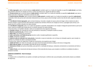 APRENDIZAGENS ESSENCIAIS | ARTICULAÇÃO COM O PERFIL DOS ALUNOS SECUNDÁRIO | EDUCAÇÃO FÍSICA)
PÁG. 13
3.2 Salto engrupado, após corrida de balanço (saída ventral) e também após 2 ou 3 saltos de impulsão no aparelho (saída dorsal), com fecho
dos membros inferiores em relação ao tronco, na fase mais alta do voo, seguido de abertura rápida.
3.3 Pirueta vertical após corrida de balanço (saída ventral) e também após 2 ou 3 saltos de impulsão no aparelho (saída dorsal), quer para a
direita quer para a esquerda, mantendo o controlo do salto.
3.4 Carpa de pernas afastadas, após corrida de balanço (saída ventral) e também após 2 ou 3 saltos de impulsão no aparelho (saída dorsal),
realizando o fecho das pernas (em extensão) relativamente ao tronco, pouco antes de atingir o ponto mais alto do salto, seguido de abertura
rápida.
3.5 ¾ de Mortal à frente engrupado, após corrida de balanço, iniciando a rotação um pouco antes de chegar à altura máxima do salto e
abrindo enérgica e oportunamente pela extensão completa dos membros inferiores em relação ao tronco, à passagem pela vertical, com
queda dorsal no colchão colocado num plano elevado.
3.6 ¼ de Mortal à retaguarda, após 2 ou 3 saltos de impulsão no aparelho, desequilíbrio com rotação à retaguarda aproximando as pernas do
tronco, abertura enérgica para queda dorsal no colchão colocado num plano elevado.
4. Na trave baixa, em equilíbrio elevado, realiza um encadeamento dos seguintes elementos:
4.1 Entrada a um pé, com chamada do outro pé (utilizando se necessário o trampolim reuther ou sueco).
4.2 Marcha na ponta dos pés, à frente e atrás.
4.3 Meia volta, com balanço de uma perna.
4.4 Salto a pés juntos, com flexão de pernas durante o salto e receção equilibrada no aparelho.
4.5 Avião, mantendo o equilíbrio.
4.6 Saída em salto em extensão com meia pirueta, mantendo o corpo em extensão, com os braços em elevação superior, para receção no
colchão em condições de adotar a posição de sentido.
5. Na barra fixa, realiza com segurança e fluidez de movimentos uma sequência que integre:
5.1 Subida de frente com mãos em pronação, para apoio facial (marcada extensão da cabeça e do tronco à retaguarda).
5.2 Meia volta em apoio, com passagem alternada das pernas estendidas.
5.3 Rolamento à frente com pernas estendidas, para permitir a realização de balanços, realizando corretamente os movimentos de fecho e
abertura.
5.4 Saída à frente, com movimento de báscula da bacia e forte extensão dos braços, para receção no colchão em condições de adotar a
posição de sentido.
GINÁSTICA ACROBÁTICA - Nível Introdução
O aluno:
1. Coopera com os companheiros nas ajudas e correções que favoreçam a melhoria das suas prestações, preservando sempre as condições
de segurança.
 
