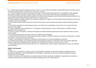 APRENDIZAGENS ESSENCIAIS | ARTICULAÇÃO COM O PERFIL DOS ALUNOS SECUNDÁRIO | EDUCAÇÃO FÍSICA)
PÁG. 16
2.1.2 - Realiza saltos de pequena amplitude, no lugar, a andar e a correr em diferentes direções e sentidos definidos pela orientação corporal,
variando os apoios (dois-dois, um-dois, dois-um, um-mesmo, um-outro).
2.1.3 - Utiliza combinações pessoais de movimentos locomotores e não locomotores para expressar a sua sensibilidade a temas sugeridos
pelo professor (imagens, sensações, emoções, histórias, canções, etc.), que inspirem diferentes modos e qualidades de movimento.
3. Em situação de exploração individual do movimento, com ambiente musical adequado, a partir de movimentos dados pelo professor (e ou
sugeridos pelos alunos), seguindo timbres diversificados e a marcação rítmica:
3.1 Realiza equilíbrios associados à dinâmica dos movimentos, definindo uma «figura livre» (à sua escolha), durante cada pausa da música, da
marcação ou outro sinal combinado.
3.2 Acentua determinado estímulo musical com movimentos locomotores e não locomotores dissociando a ação das diferentes partes do
corpo.
4. Em situação de exploração da movimentação em grupo, com ambiente musical adequado e ou de acordo com a marcação rítmica do
professor ou dos colegas:
4.1 Combina habilidades motoras referidas em 2. e 3, seguindo a evolução do grupo em rodas e linhas (simples ou múltiplas), espirais,
ziguezague, estrela, quadrado, etc..
4.2 Ajusta a sua ação às alterações ou mudanças da formação, associadas à dinâmica proposta pela música, evoluindo em todas as zonas e
níveis do espaço.
5. Em situação de exploração do movimento a pares, com ambiente musical adequado:
5.1 Utiliza movimentos locomotores e não locomotores, pausas e equilíbrios, e também o contacto com o parceiro, «conduzindo» a sua ação,
«facilitando» e «esperando» por ele se necessário.
5.2 Segue a movimentação do companheiro, realizando as mesmas ações com as mesmas qualidades de movimento.
6. Em situação de exercitação, com ambiente/marcação musical adequados, aperfeiçoa a execução de frases de movimento, dadas pelo
professor, integrando as habilidades motoras referidas atrás, com fluidez de movimentos e em sintonia com a música.
7. Cria pequenas sequências de movimentos a partir de 2.1.3., individualmente, a pares ou grupos, e apresenta-as na turma, com ambiente
musical escolhido.
DANÇA - Nível Elementar
O aluno:
1. Coopera com os companheiros, incentiva e apoia a sua participação na atividade, apresentando sugestões de aperfeiçoamento da
execução das habilidades e novas possibilidades de movimentação, e considerando, por seu lado, as iniciativas (sugestões, propostas,
correções) que lhe são dirigidas.
2. Analisa a sua ação e as dos companheiros, nos diferentes tipos de situação, apreciando as qualidades e características do movimento,
utilizando eventualmente essa apreciação como fonte de inspiração para as suas iniciativas pessoais.
 